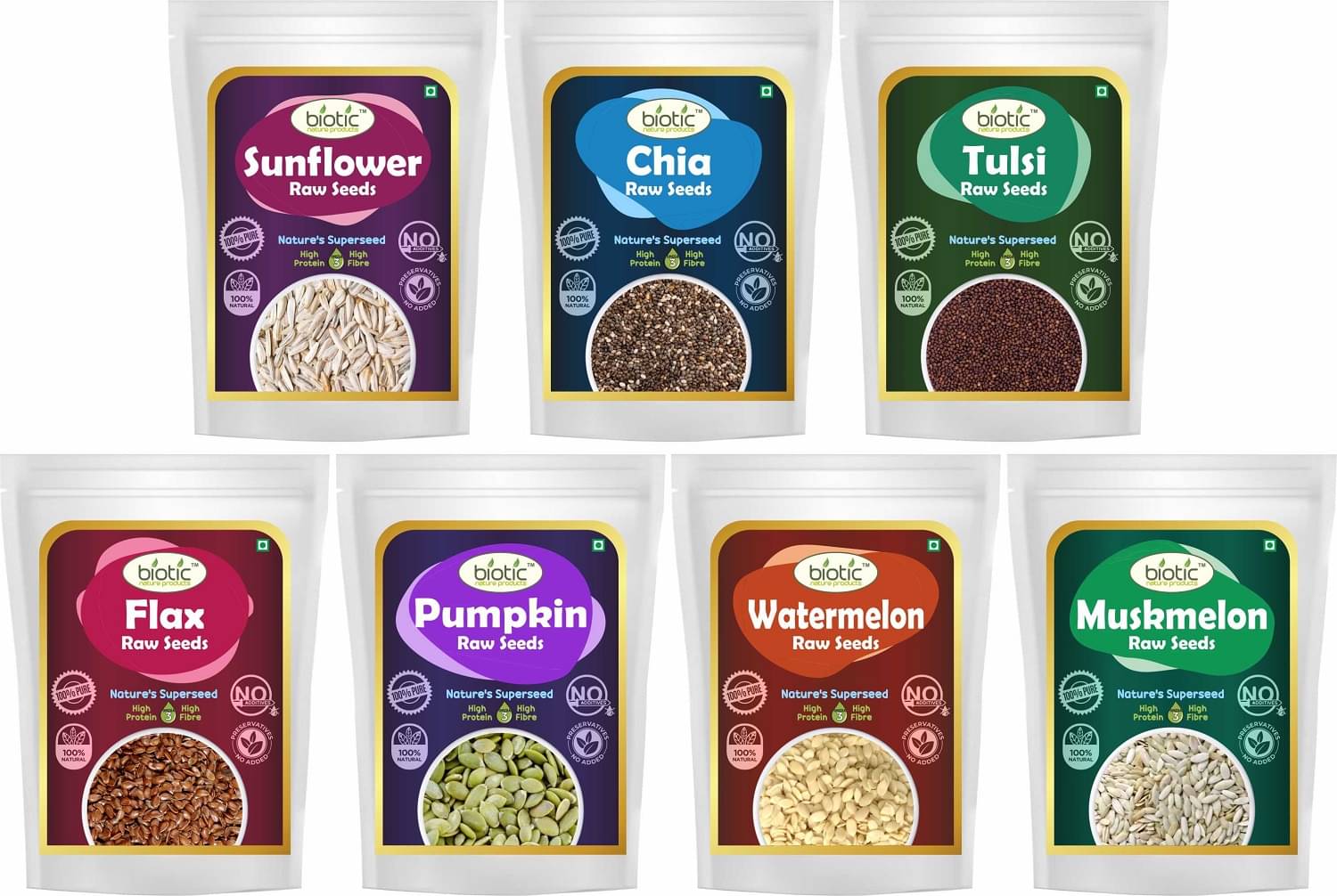 Biotic Sunflower Chia Tulsi Flax Pumpkin Watermelon Muskmelon Seeds(75g each) 525 gm Biotic Sunflower Chia Tulsi Flax Pumpkin Watermelon Muskmelon Seeds(75g each) 525 gm