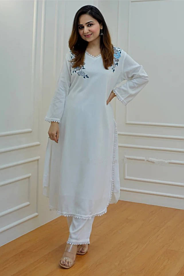     			Chirayu Fashion Rayon Embroidered Kurti With Pants Women's Stitched Salwar Suit - White ( Pack of 1 )