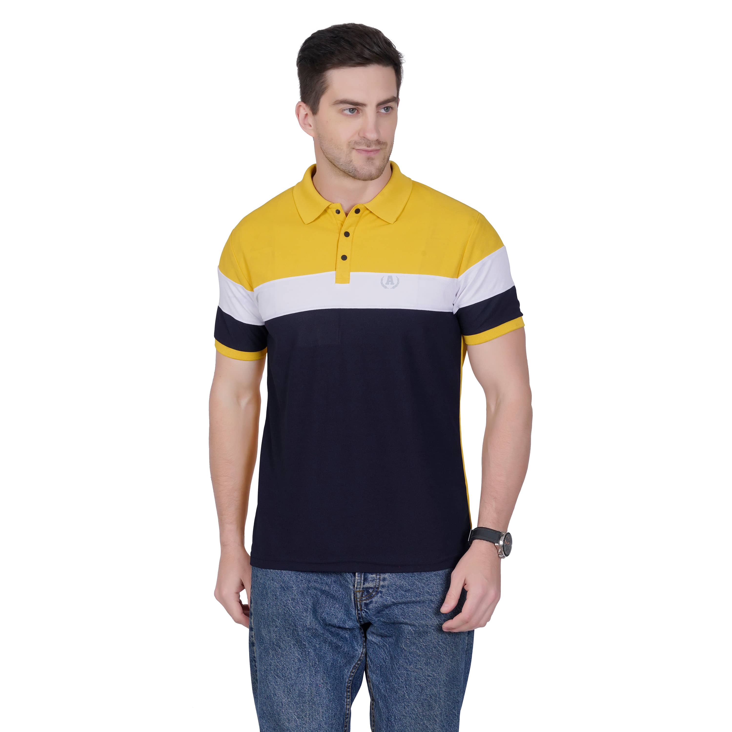 DIDOT Pack of 1 Cotton Blend Regular Fit Colorblock Half Sleeves Men's Polo T Shirt ( Mustard )