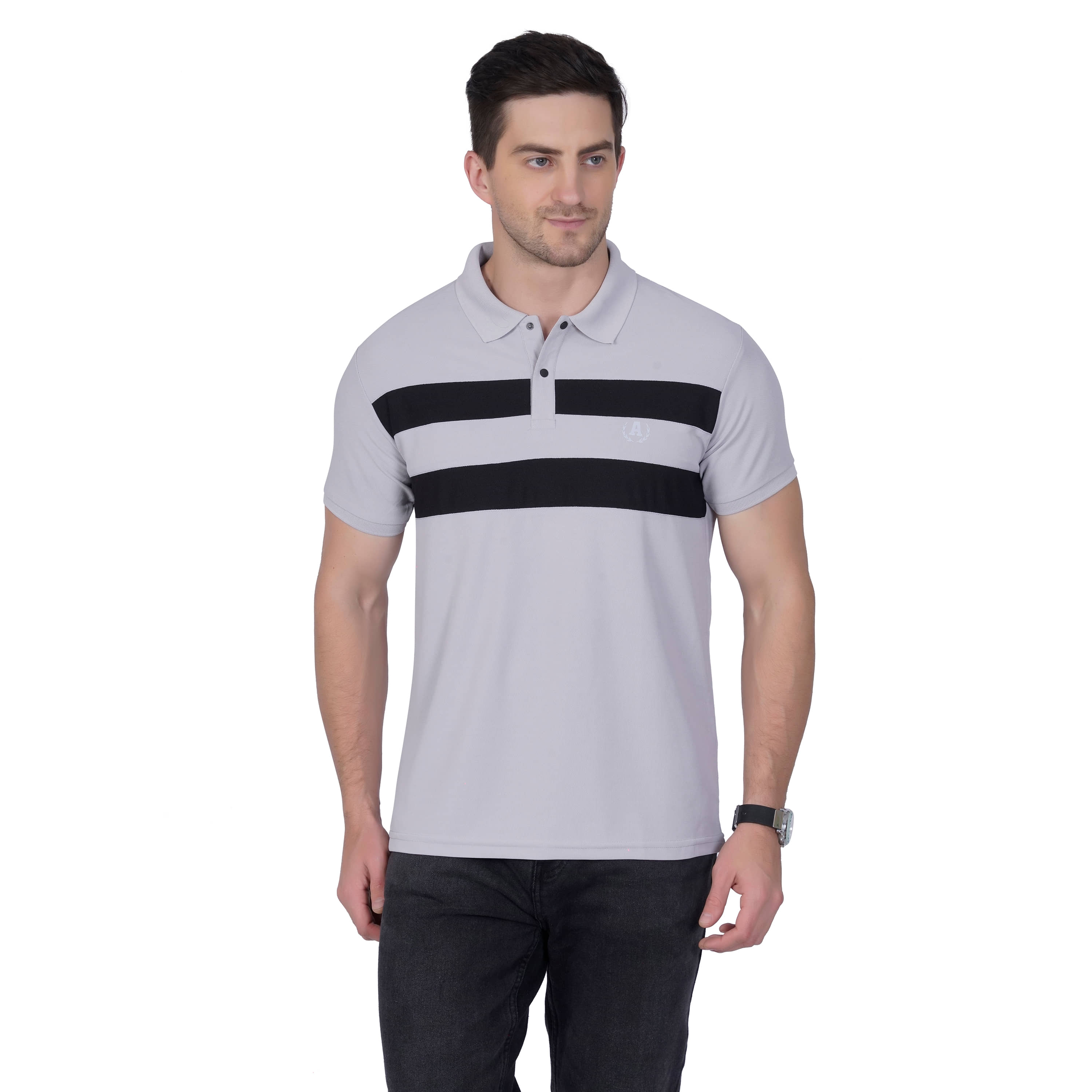 DIDOT Pack of 1 Cotton Blend Regular Fit Striped Half Sleeves Men's Polo T Shirt ( Light Grey )