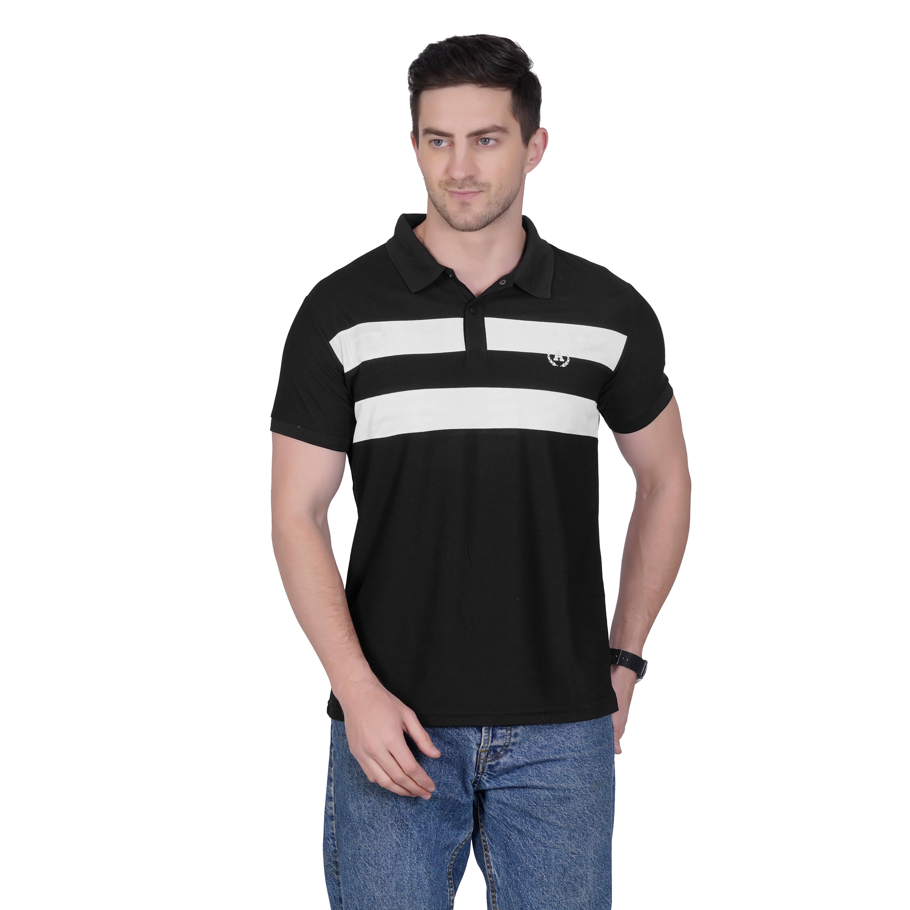 DIDOT Pack of 1 Cotton Blend Regular Fit Striped Half Sleeves Men's Polo T Shirt ( Black ) DIDOT Pack of 1 Cotton Blend Regular Fit Striped Half Sleeves Men's Polo T Shirt ( Black )