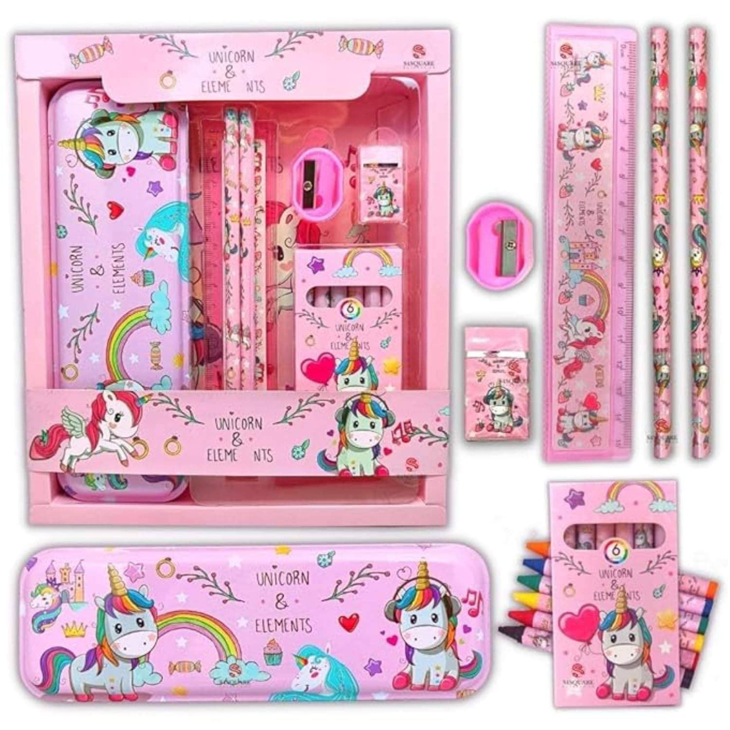 Eclet Pencil Box Set for School,Stationery Gift set for Bots/Girls unicorn Art Metal Pencil Box  (Set of 1, multicolour)
