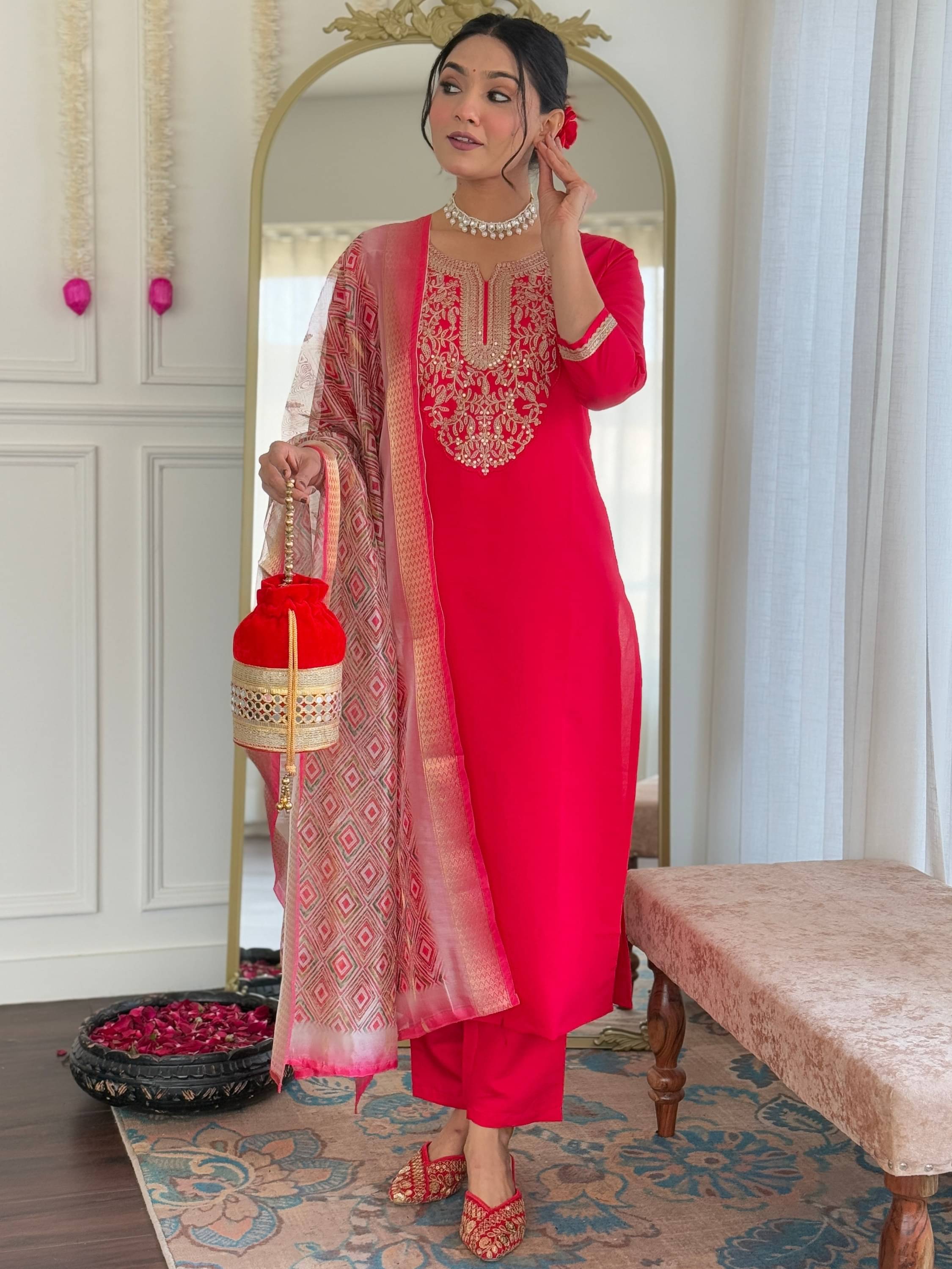 Eeloo Rayon Embroidered Kurti With Pants Women's Stitched Salwar Suit - Red ( Pack of 1 ) Eeloo Rayon Embroidered Kurti With Pants Women's Stitched Salwar Suit - Red ( Pack of 1 )