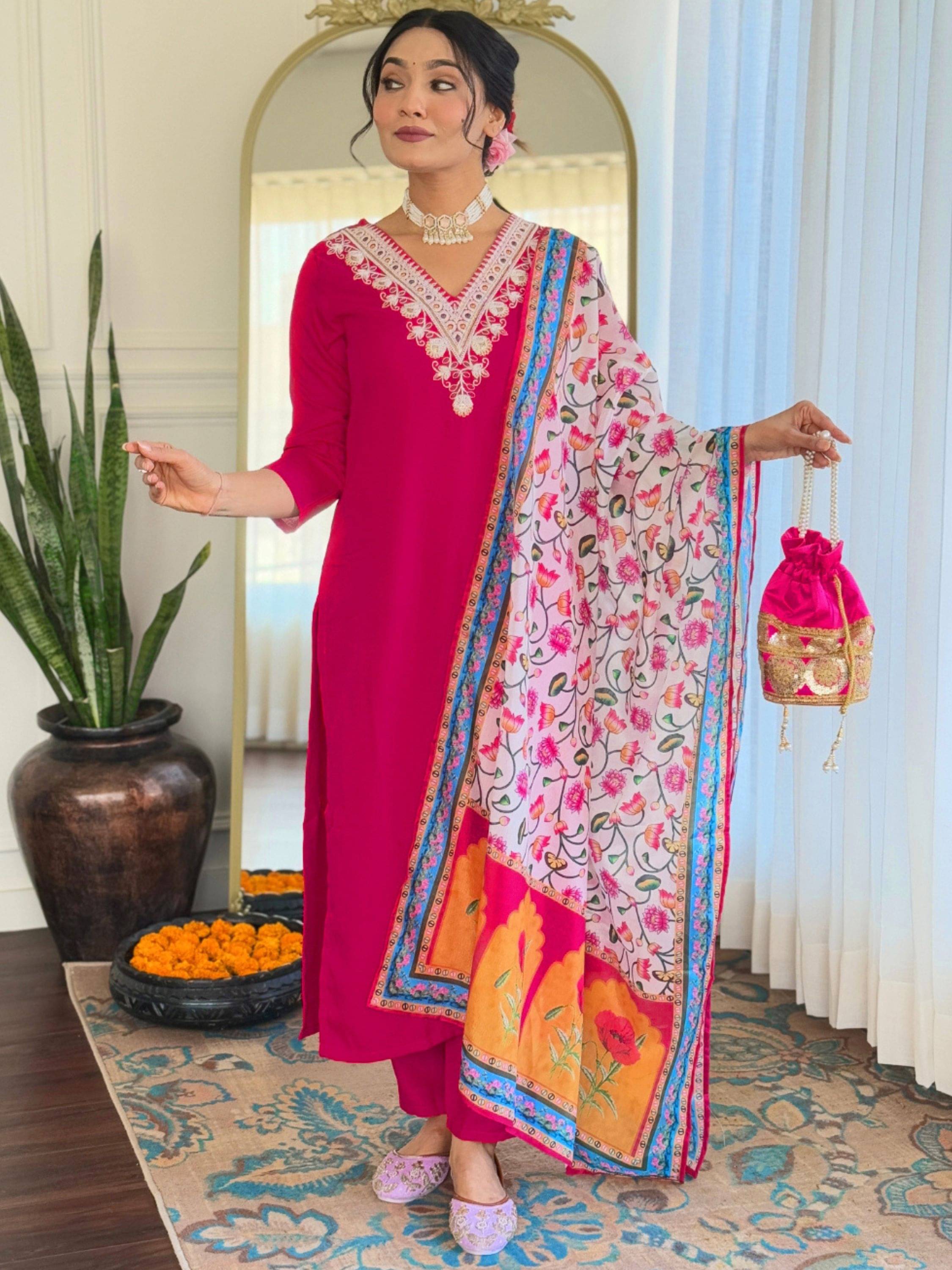 Eeloo Rayon Embroidered Kurti With Pants Women's Stitched Salwar Suit - Pink ( Pack of 1 ) Eeloo Rayon Embroidered Kurti With Pants Women's Stitched Salwar Suit - Pink ( Pack of 1 )