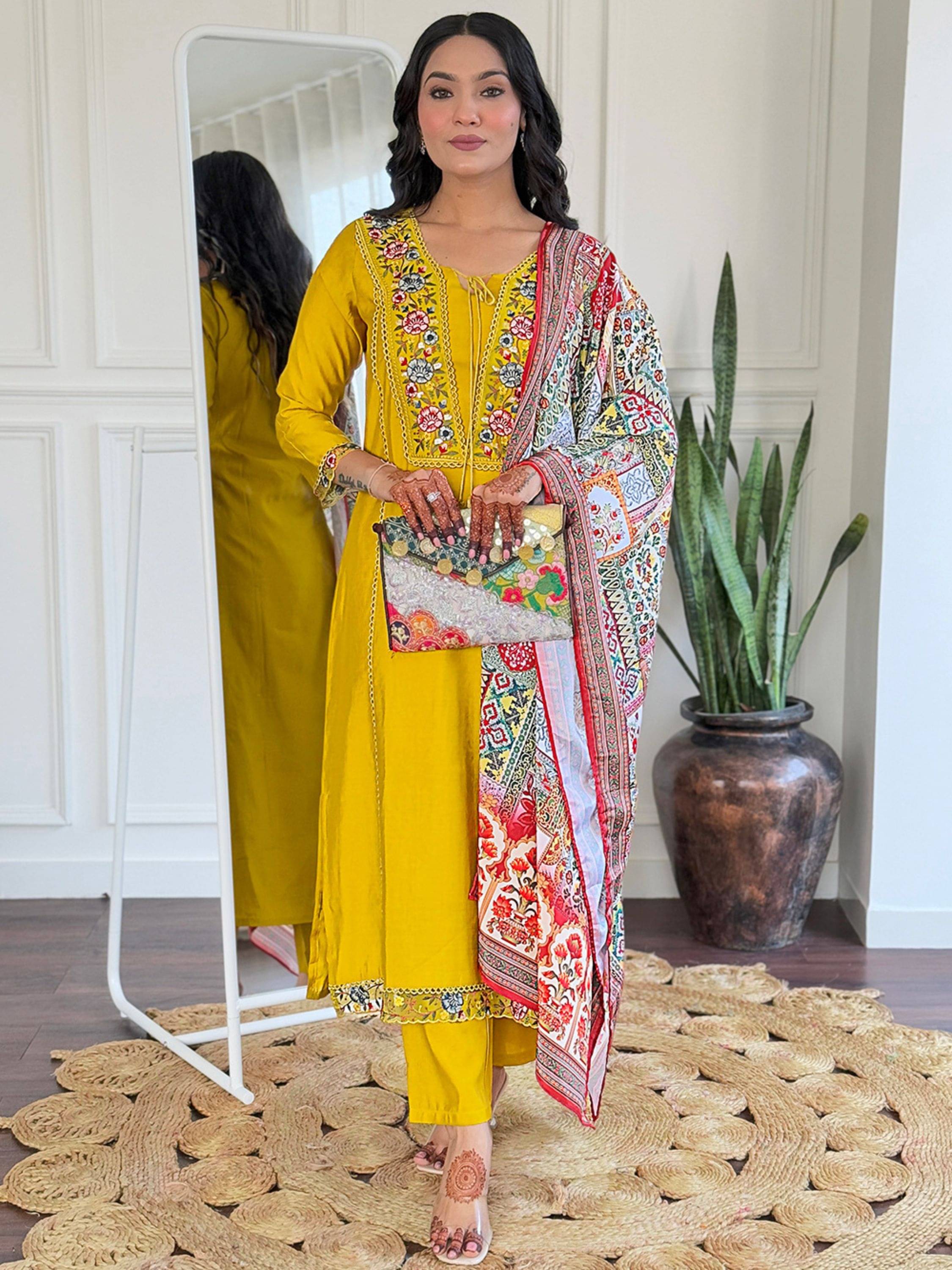     			Eeloo Viscose Embroidered Kurti With Pants Women's Stitched Salwar Suit - Mustard ( Pack of 1 )