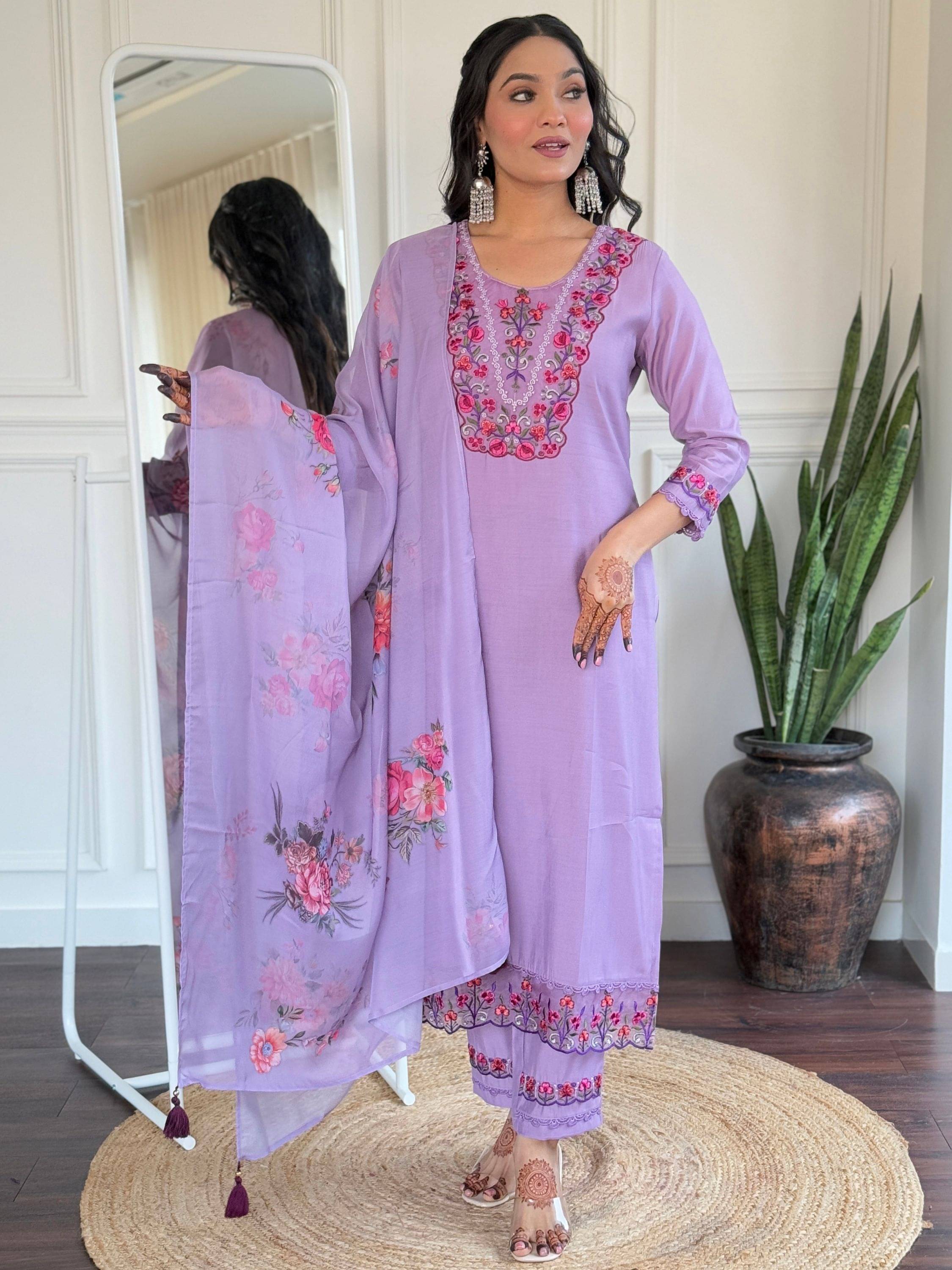     			Eeloo Viscose Embroidered Kurti With Pants Women's Stitched Salwar Suit - Lavender ( Pack of 1 )
