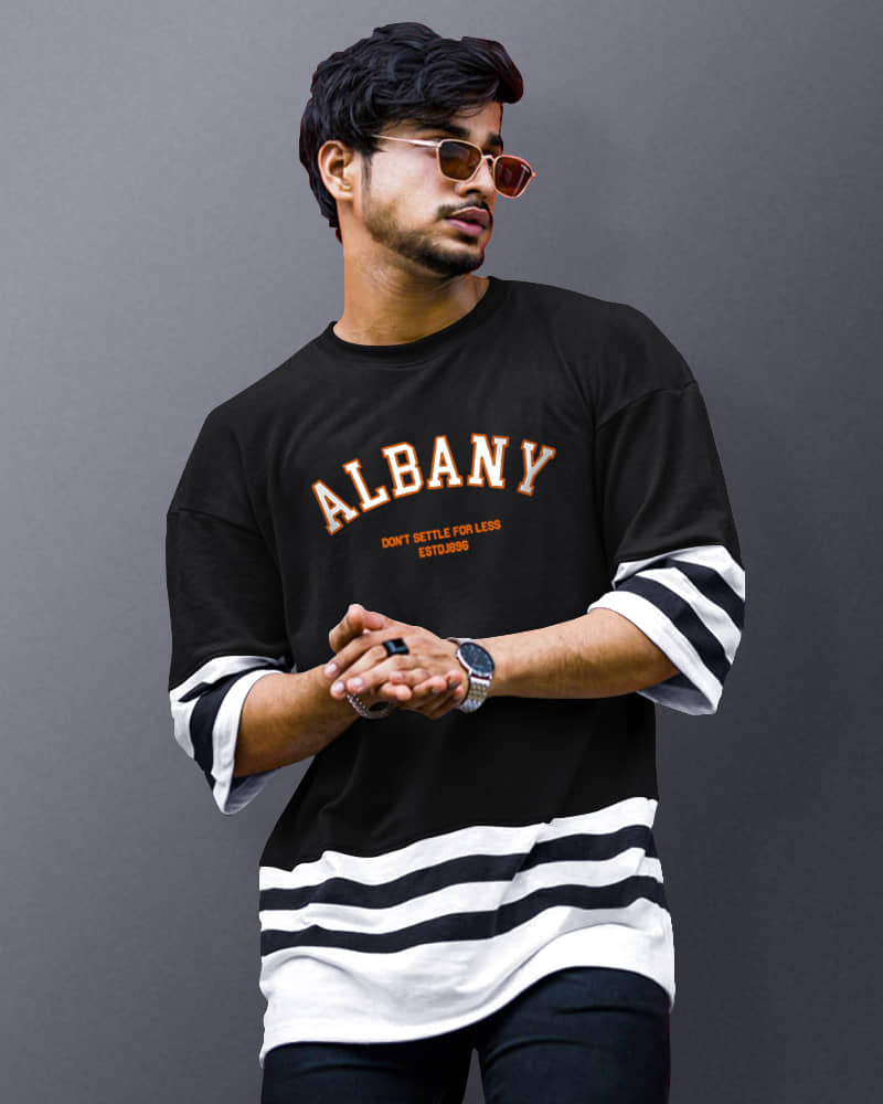 Eyebogler Cotton Blend Oversized Fit Striped 3/4th Sleeves Men's Round T-Shirt - Black ( Pack of 1 )