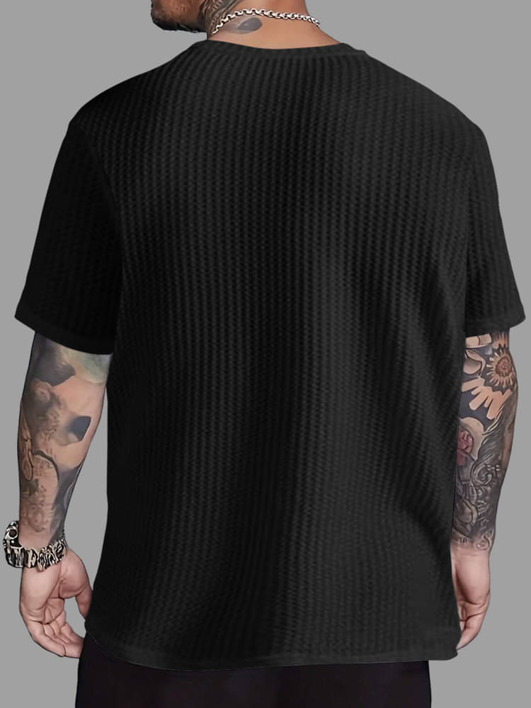 Eyebogler Cotton Blend Oversized Fit Self Design Half Sleeves Men's Round T-Shirt - Black ( Pack of 1 )     			Eyebogler Cotton Blend Oversized Fit Self Design Half Sleeves Men's Round T-Shirt - Black ( Pack of 1 )