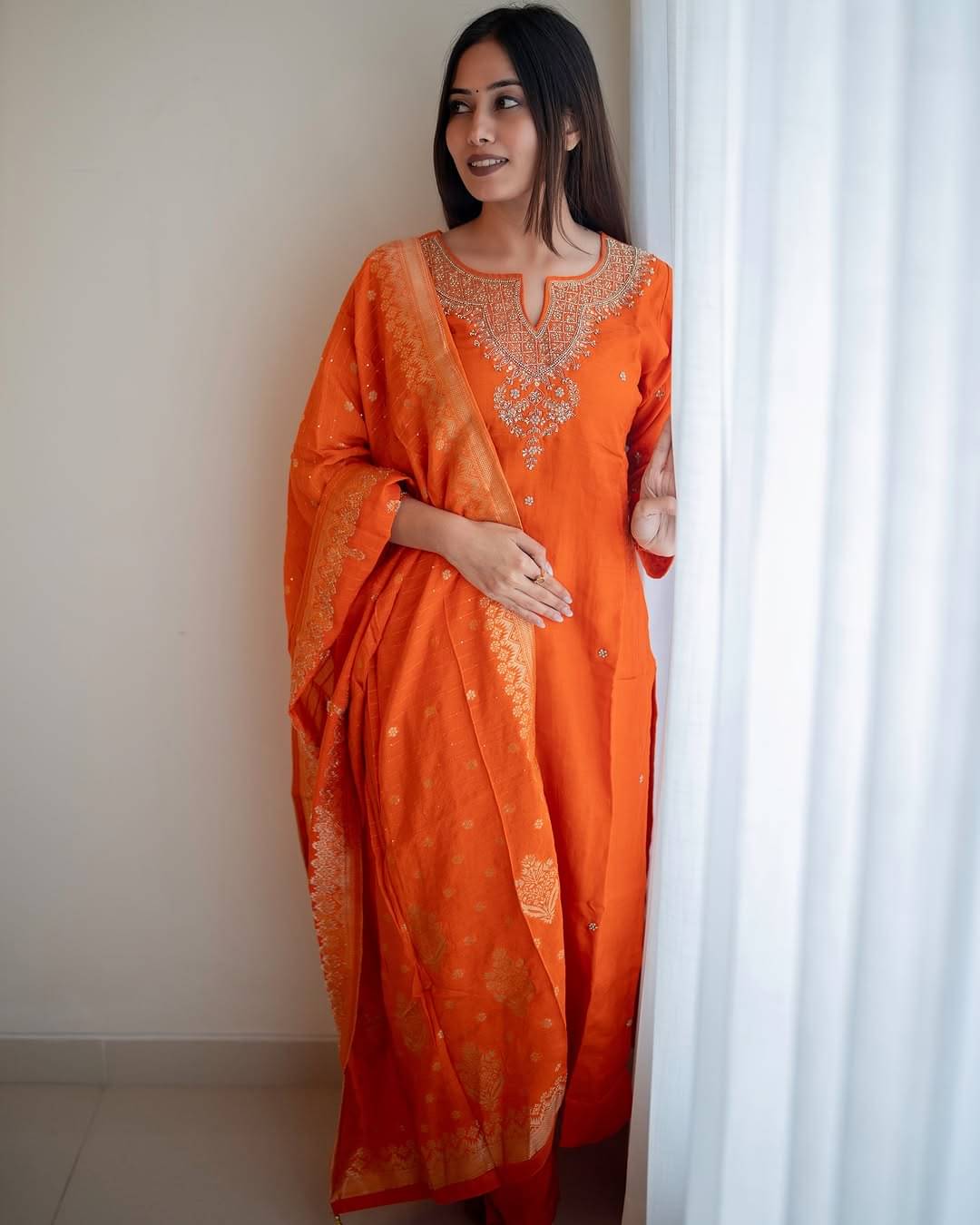     			MEHZEEL FAB Cotton Blend Embellished Kurti With Pants Women's Stitched Salwar Suit - Orange ( Pack of 1 )