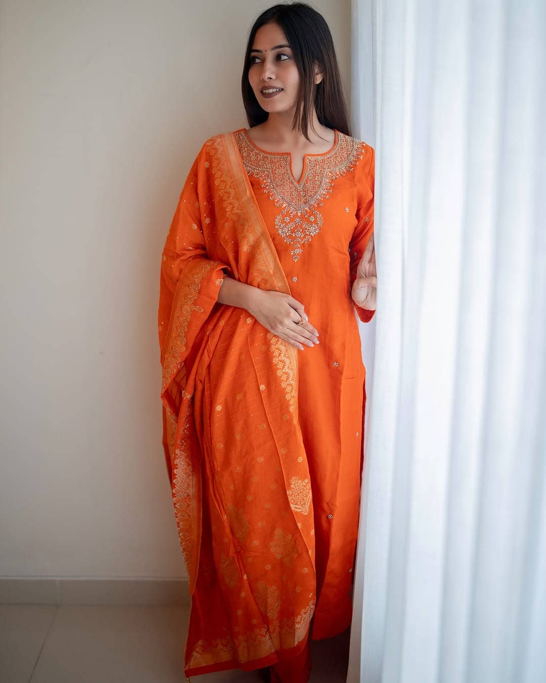 MEHZEEL FAB Cotton Blend Embellished Kurti With Pants Women's Stitched Salwar Suit - Orange ( Pack of 1 )