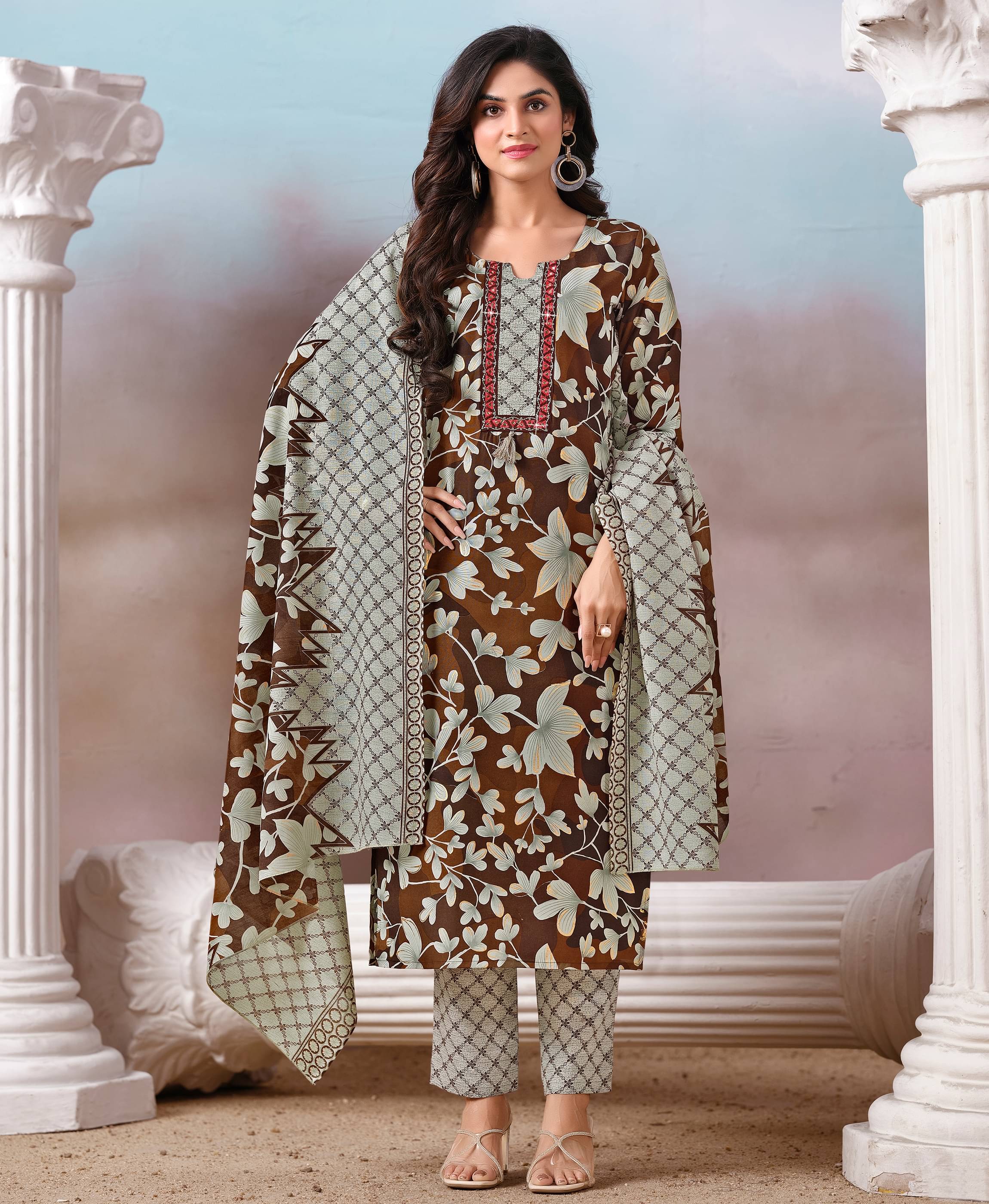 MOJILAA Cotton Blend Printed Kurti With Pants Women's Stitched Salwar Suit - Brown ( Pack of 1 )     			MOJILAA Cotton Blend Printed Kurti With Pants Women's Stitched Salwar Suit - Brown ( Pack of 1 )