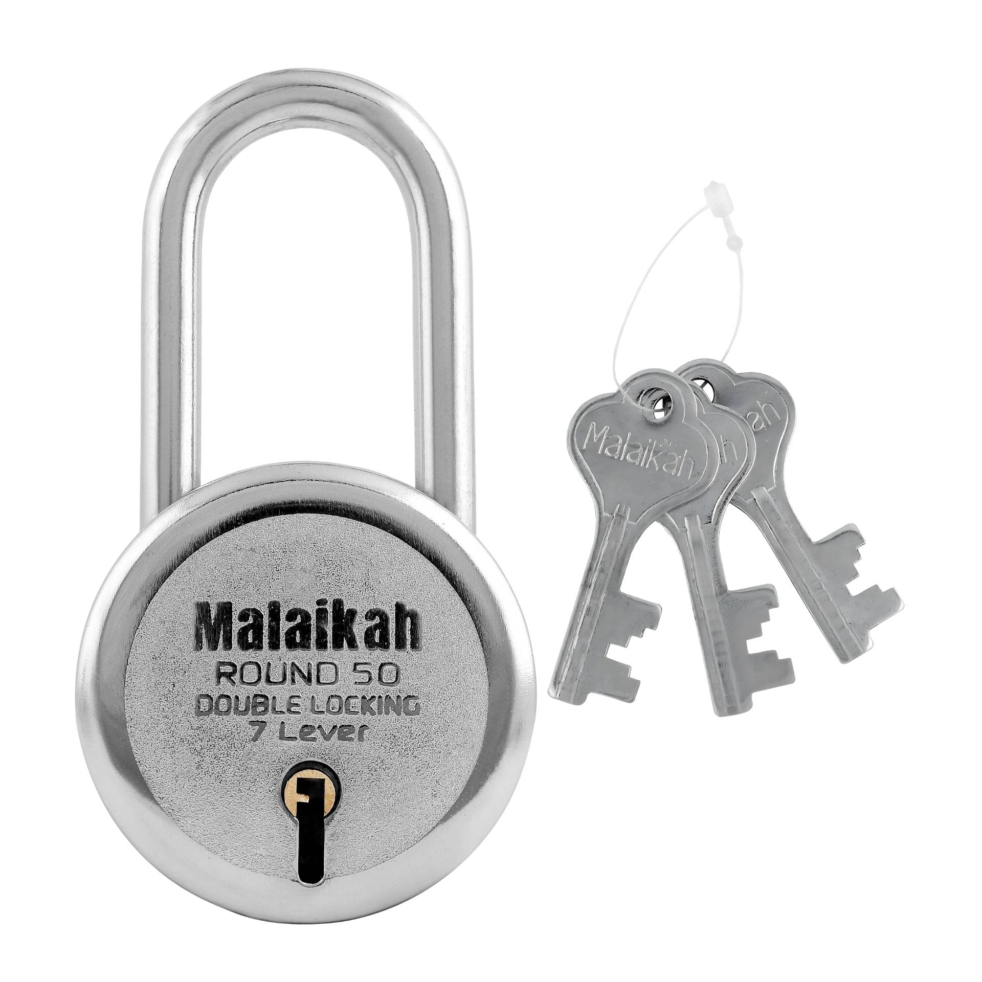 Malaikah Round 50 mm Padlock Long Shackle Double Locking 7 Lever With 3 Keys, Ideal for Gate, Shutter and Shop, Ideal for Gate, Shutter and Shop Made in Aligarh, India, Pack of 1 Malaikah Round 50 mm Padlock Long Shackle Double Locking 7 Lever With 3 Keys, Ideal for Gate, Shutter and Shop, Ideal for Gate, Shutter and Shop Made in Aligarh, India, Pack of 1