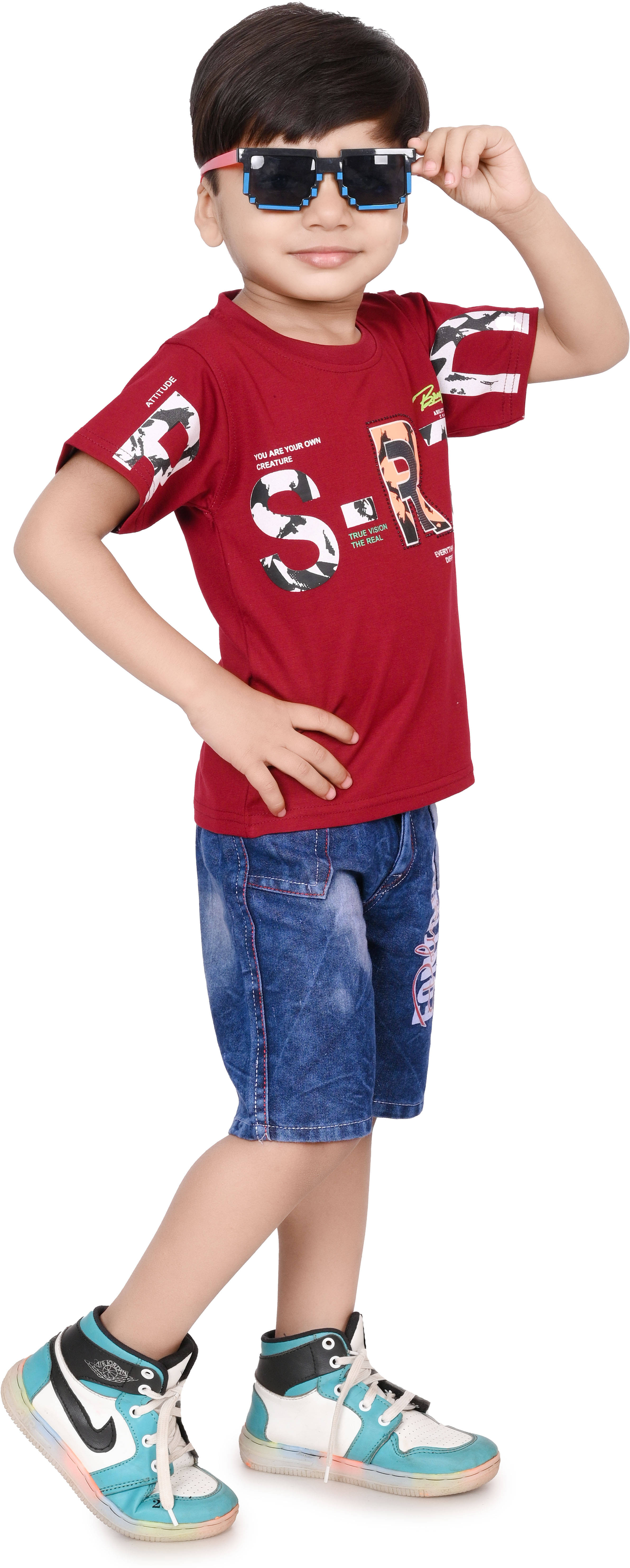     			NTD FASHION Pack of 1 Boys Cotton Blend T-Shirt & Pants Set ( Maroon )