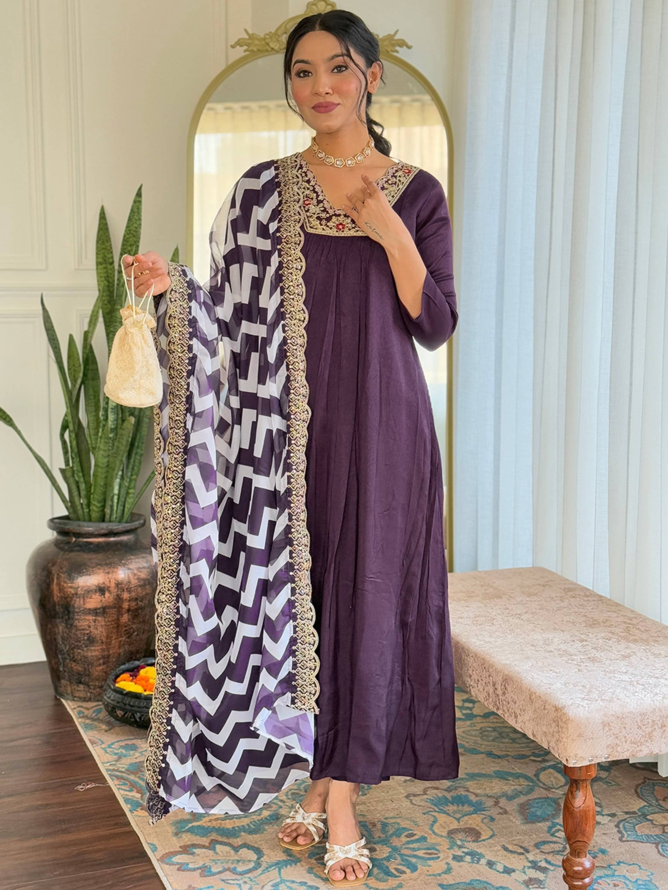 Niza Fashion Viscose Embroidered Kurti With Pants Women's Stitched Salwar Suit - Purple ( Pack of 1 ) Niza Fashion Viscose Embroidered Kurti With Pants Women's Stitched Salwar Suit - Purple ( Pack of 1 )