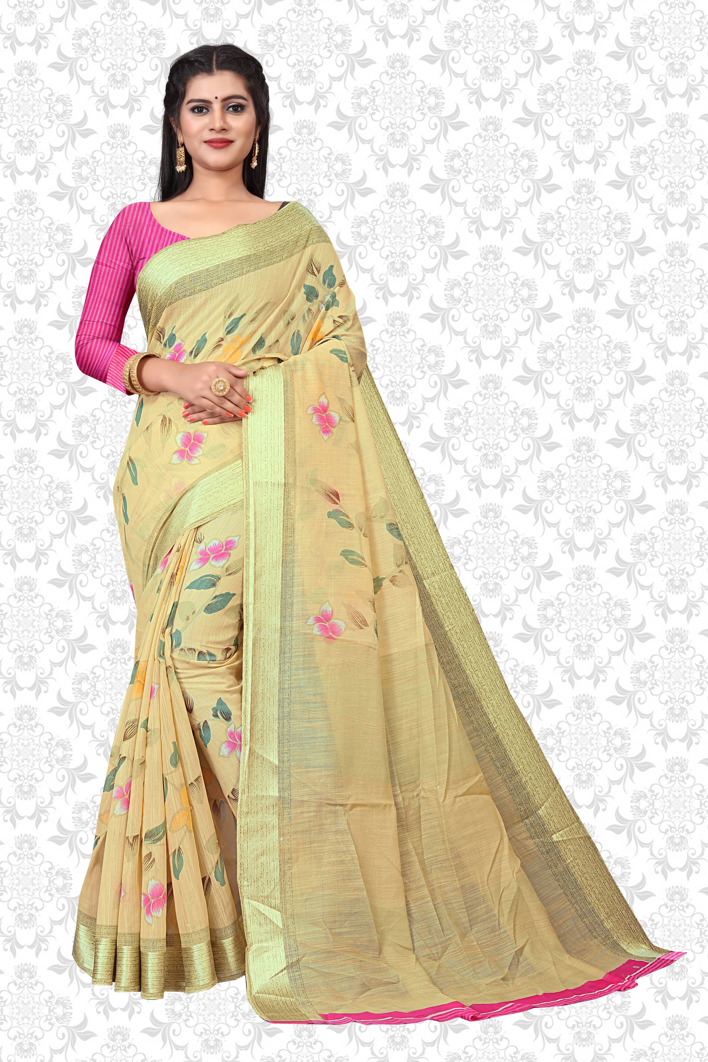 RUNAYA NX Art Silk Printed Saree With Unstitched Blouse Piece ( Beige ) RUNAYA NX Art Silk Printed Saree With Unstitched Blouse Piece ( Beige )