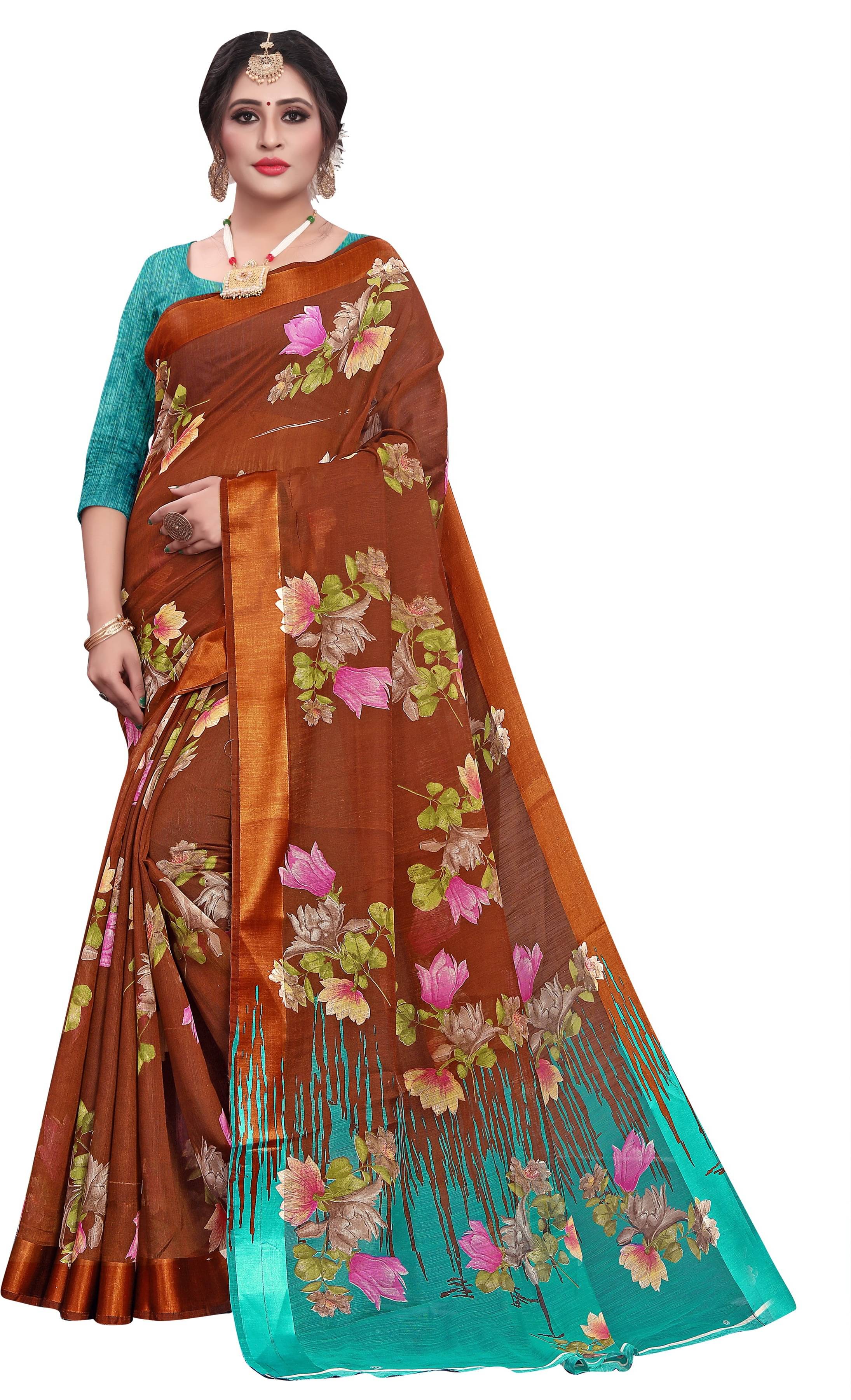 RUNAYA NX Cotton Blend Printed Saree With Unstitched Blouse Piece ( Brown ) RUNAYA NX Cotton Blend Printed Saree With Unstitched Blouse Piece ( Brown )