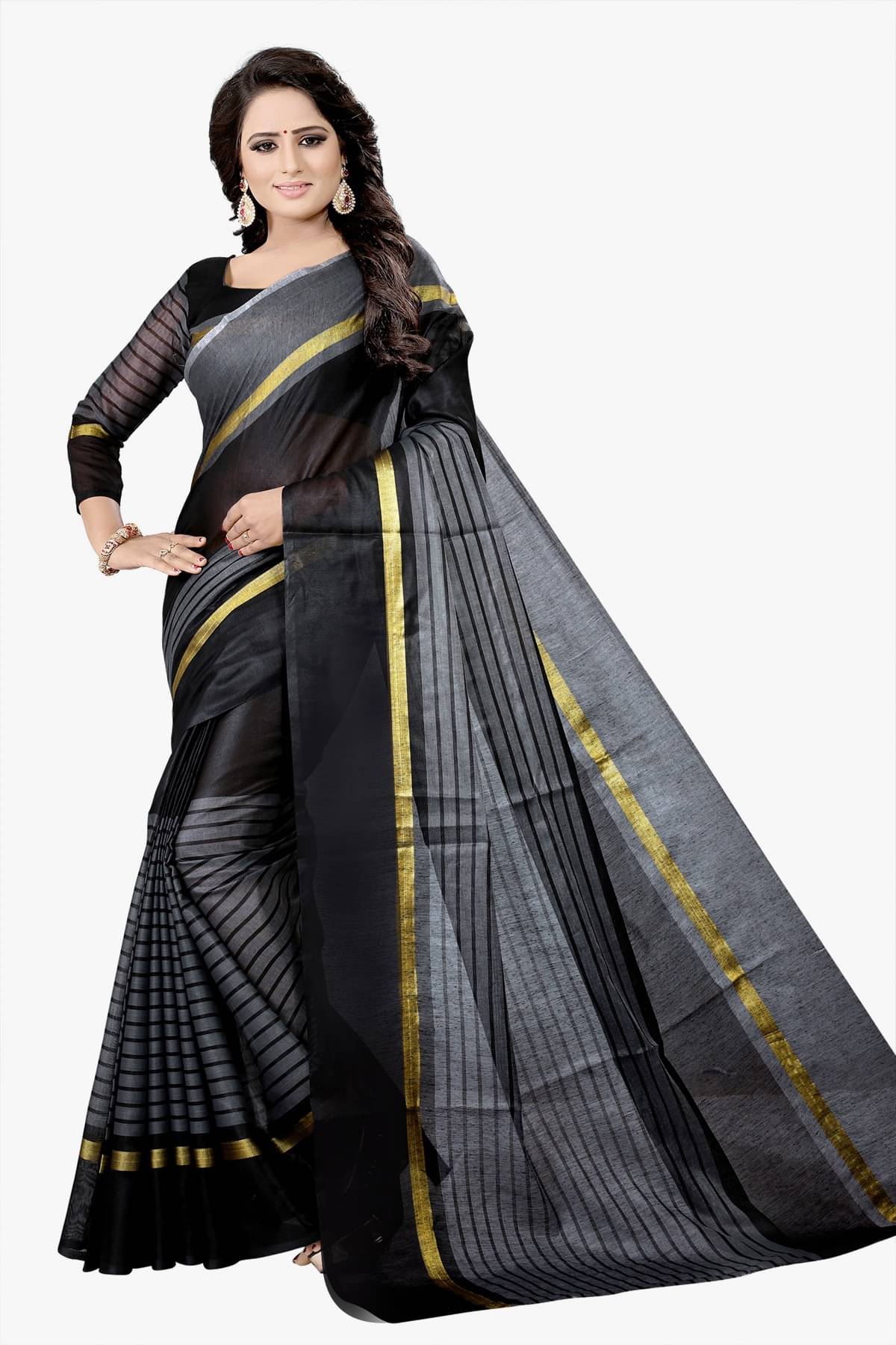 RUNAYA NX Cotton Blend Printed Saree With Unstitched Blouse Piece ( Black ) RUNAYA NX Cotton Blend Printed Saree With Unstitched Blouse Piece ( Black )