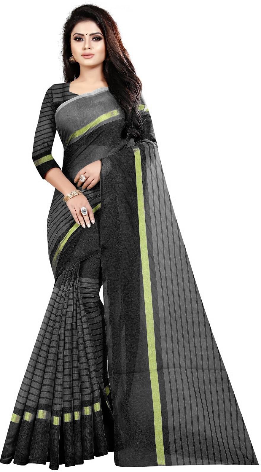 RUNAYA NX Cotton Blend Printed Saree With Unstitched Blouse Piece ( Black ) RUNAYA NX Cotton Blend Printed Saree With Unstitched Blouse Piece ( Black )