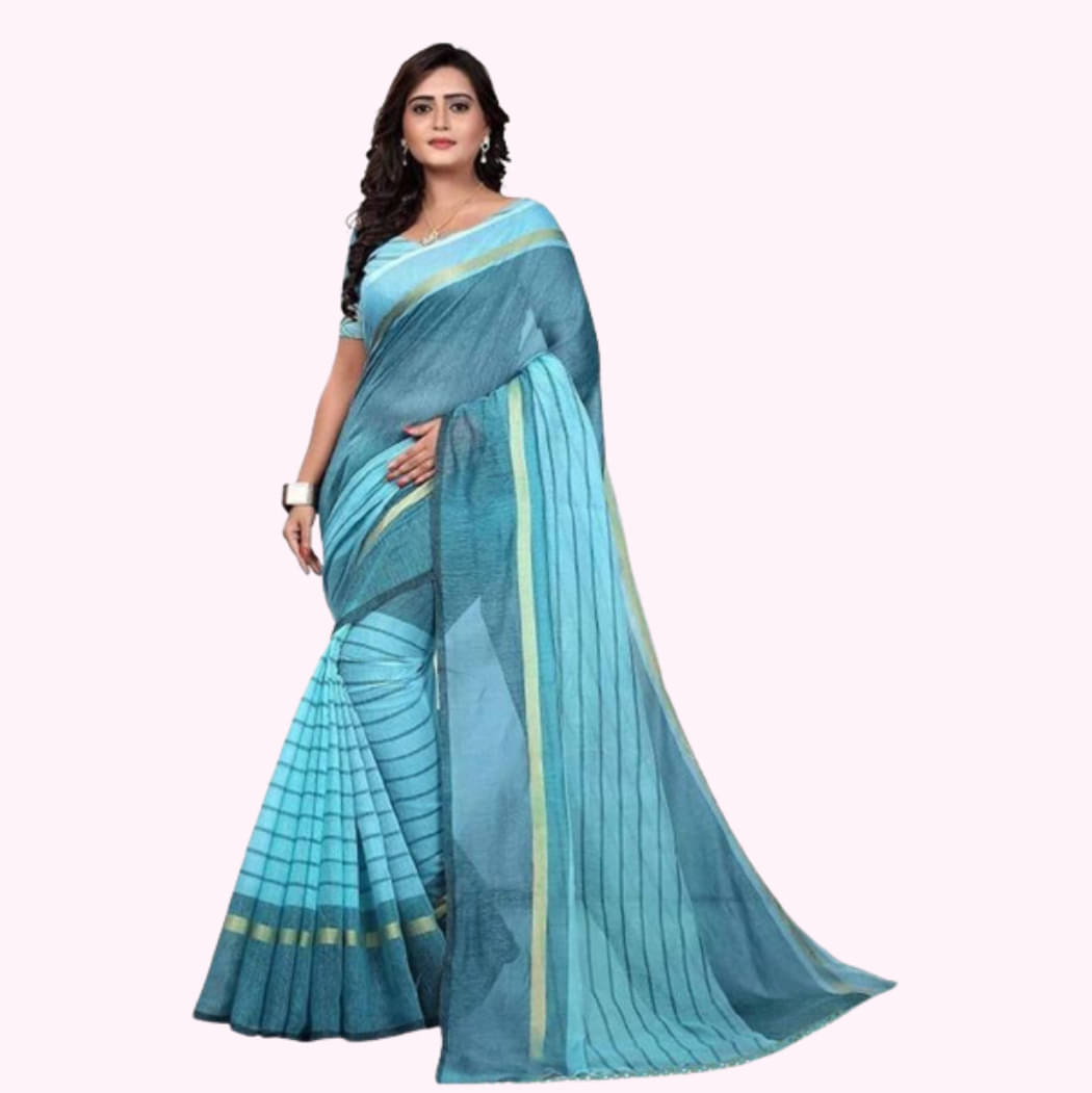     			RUNAYA NX Cotton Blend Printed Saree Without Blouse Piece ( Light Blue )