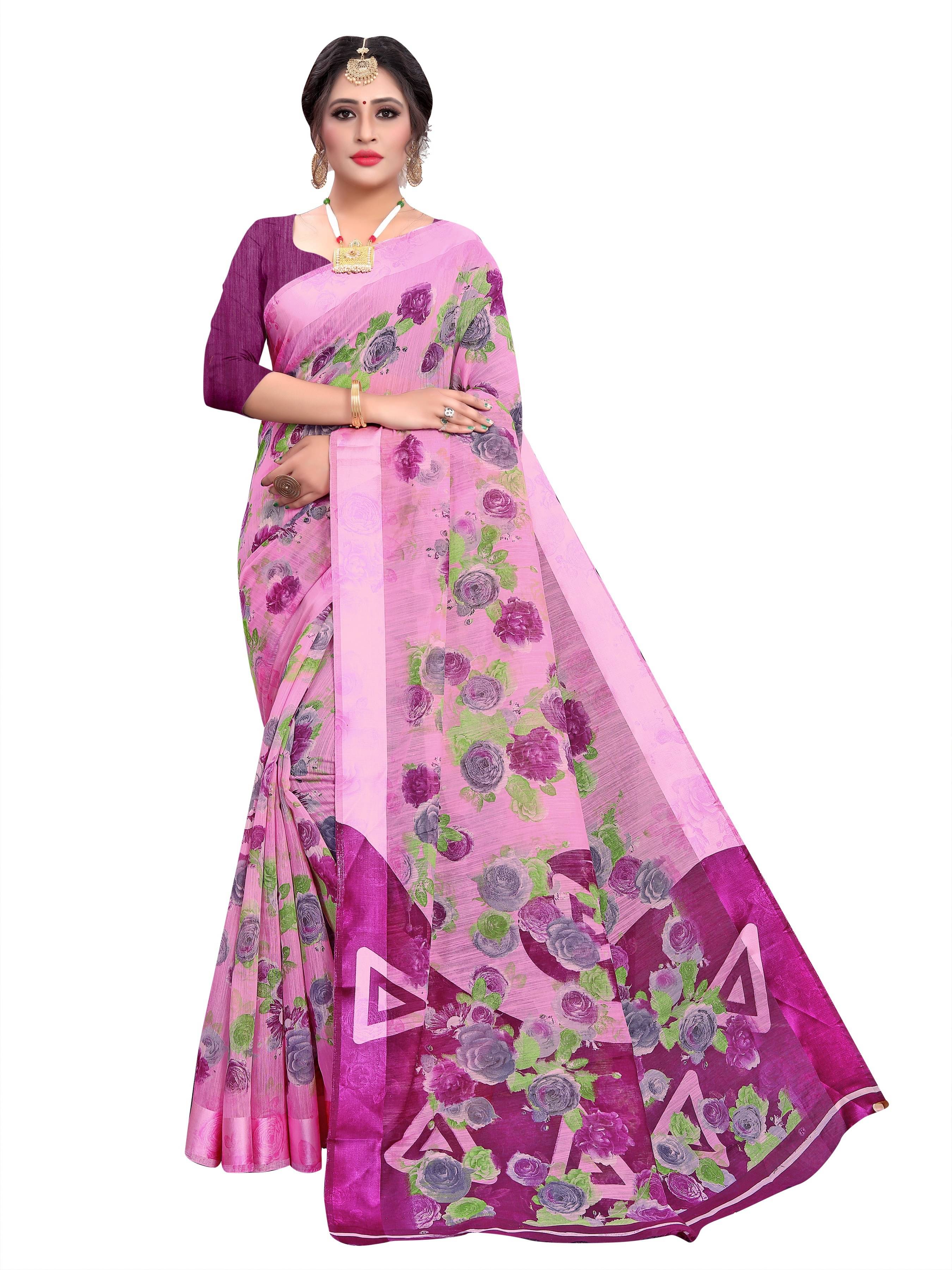     			RUNAYA NX Cotton Blend Printed Saree With Unstitched Blouse Piece ( Pink )