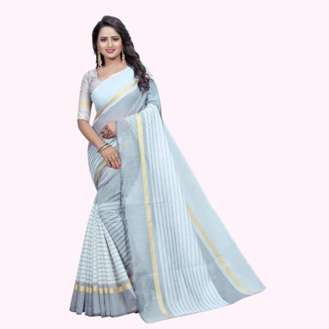 RUNAYA NX Cotton Blend Printed Saree Without Blouse Piece ( Silver ) RUNAYA NX Cotton Blend Printed Saree Without Blouse Piece ( Silver )