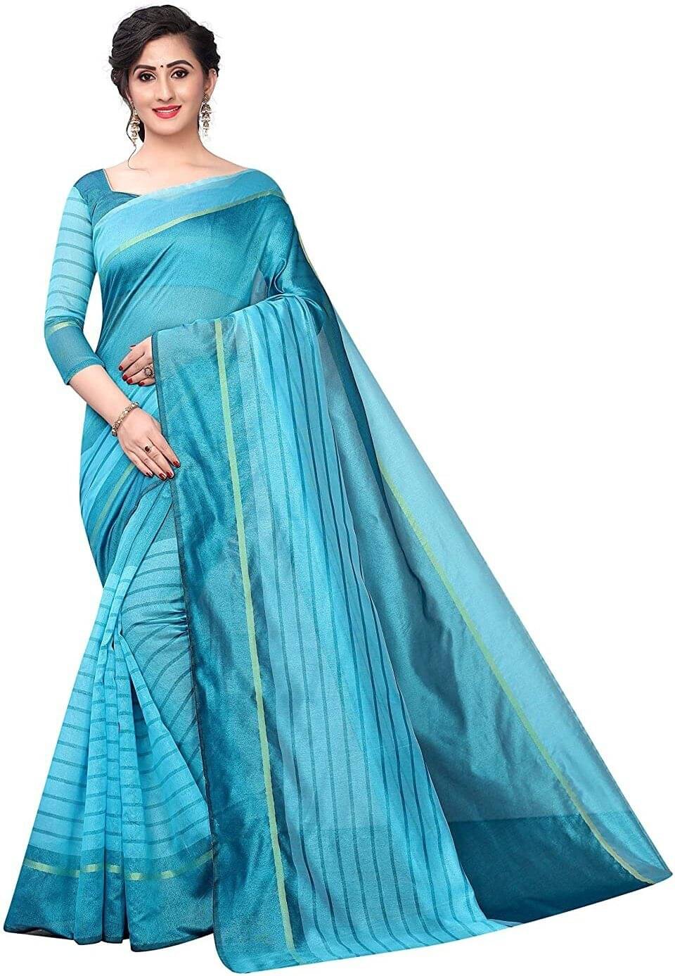 RUNAYA NX Cotton Blend Printed Saree With Unstitched Blouse Piece ( Light Blue ) RUNAYA NX Cotton Blend Printed Saree With Unstitched Blouse Piece ( Light Blue )