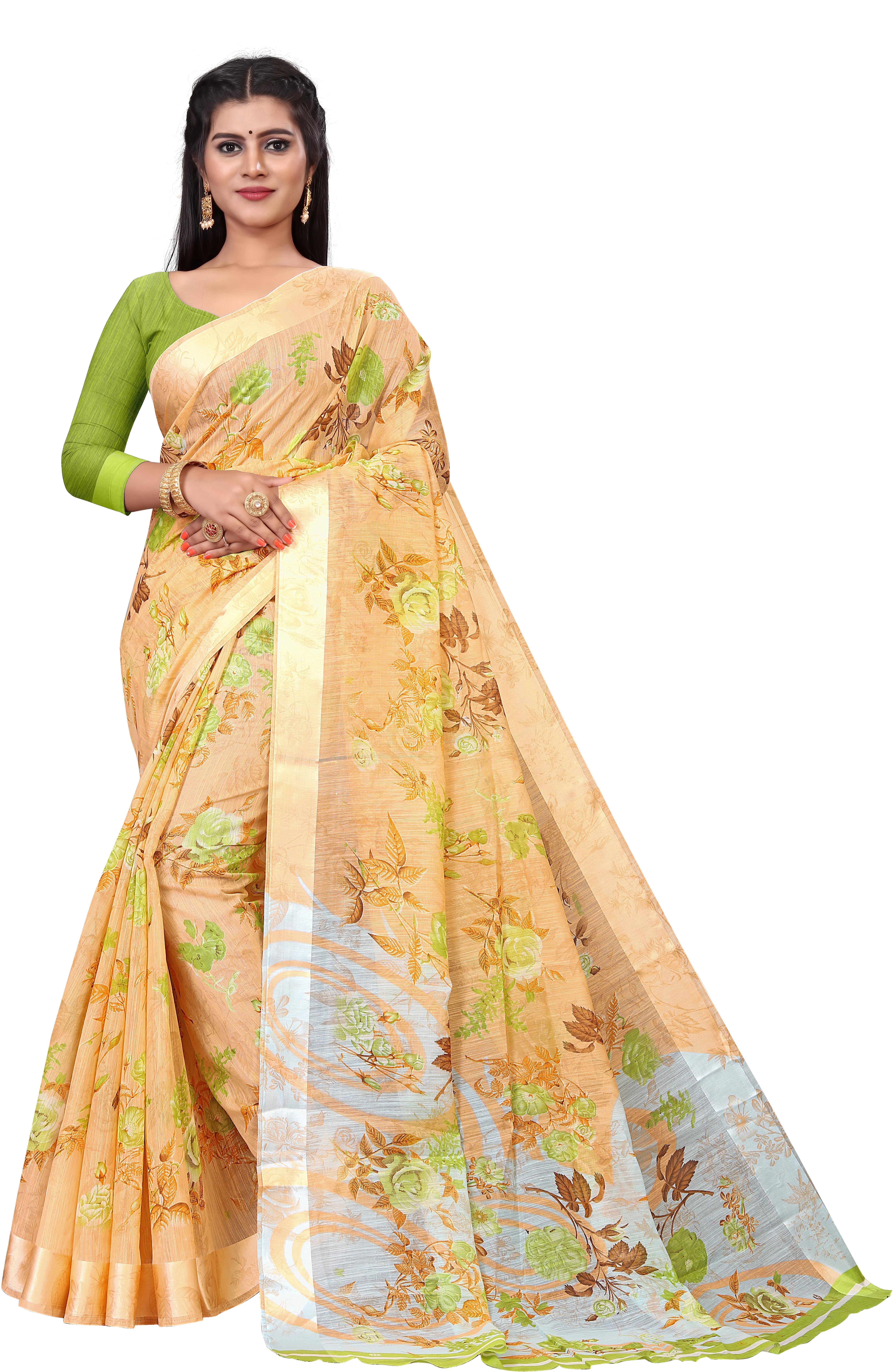     			RUNAYA NX Cotton Blend Printed Saree With Unstitched Blouse Piece ( Beige )