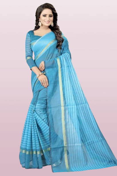 RUNAYA NX Cotton Blend Printed Saree With Unstitched Blouse Piece ( Light Blue ) RUNAYA NX Cotton Blend Printed Saree With Unstitched Blouse Piece ( Light Blue )