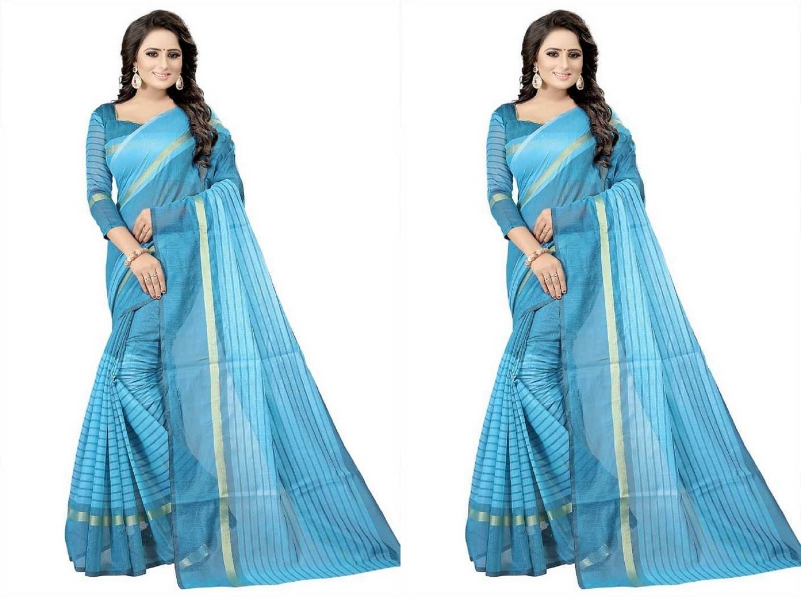 RUNAYA NX Cotton Blend Printed Saree Without Blouse Piece ( Light Blue ) RUNAYA NX Cotton Blend Printed Saree Without Blouse Piece ( Light Blue )