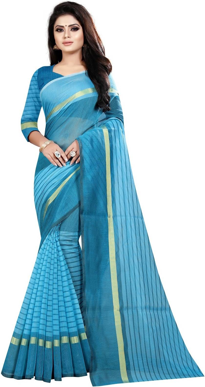 RUNAYA NX Cotton Blend Printed Saree With Unstitched Blouse Piece ( Light Blue ) RUNAYA NX Cotton Blend Printed Saree With Unstitched Blouse Piece ( Light Blue )