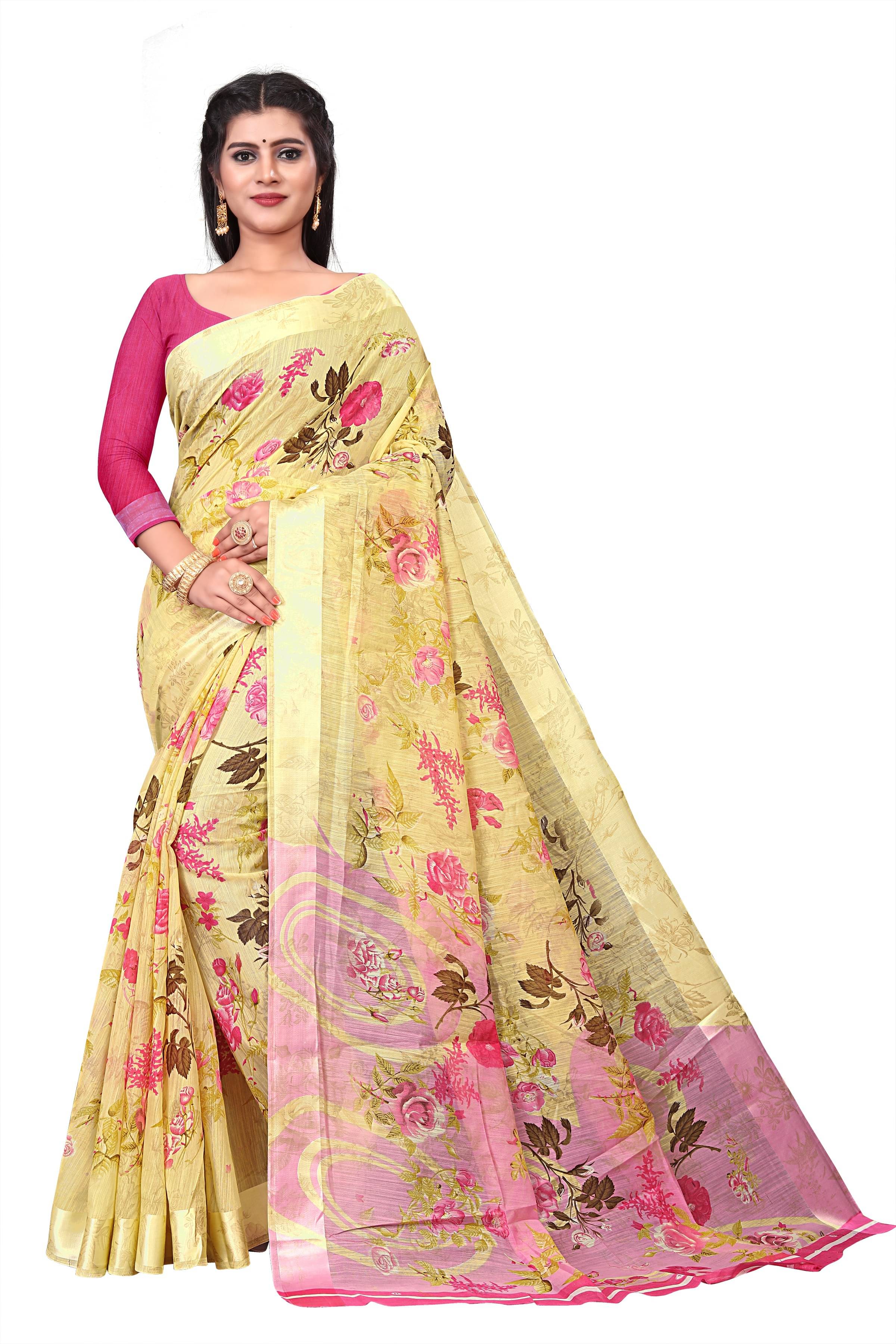 RUNAYA NX Cotton Blend Printed Saree With Unstitched Blouse Piece ( Yellow ) RUNAYA NX Cotton Blend Printed Saree With Unstitched Blouse Piece ( Yellow )
