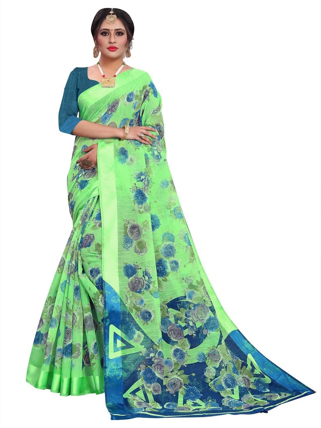 RUNAYA NX Cotton Blend Printed Saree With Unstitched Blouse Piece ( Green ) RUNAYA NX Cotton Blend Printed Saree With Unstitched Blouse Piece ( Green )