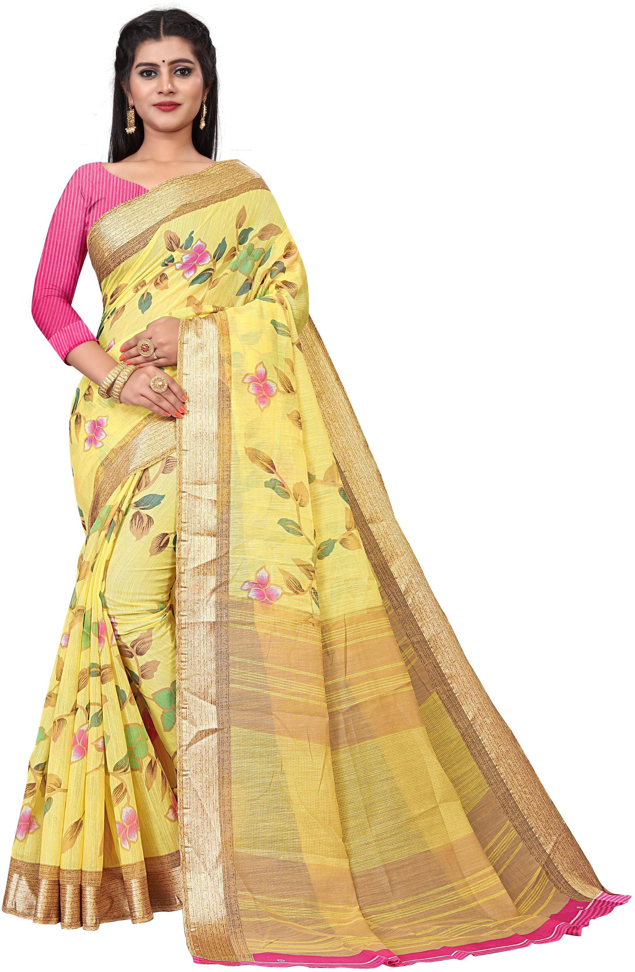     			RUNAYA NX Cotton Blend Printed Saree With Unstitched Blouse Piece ( Yellow )