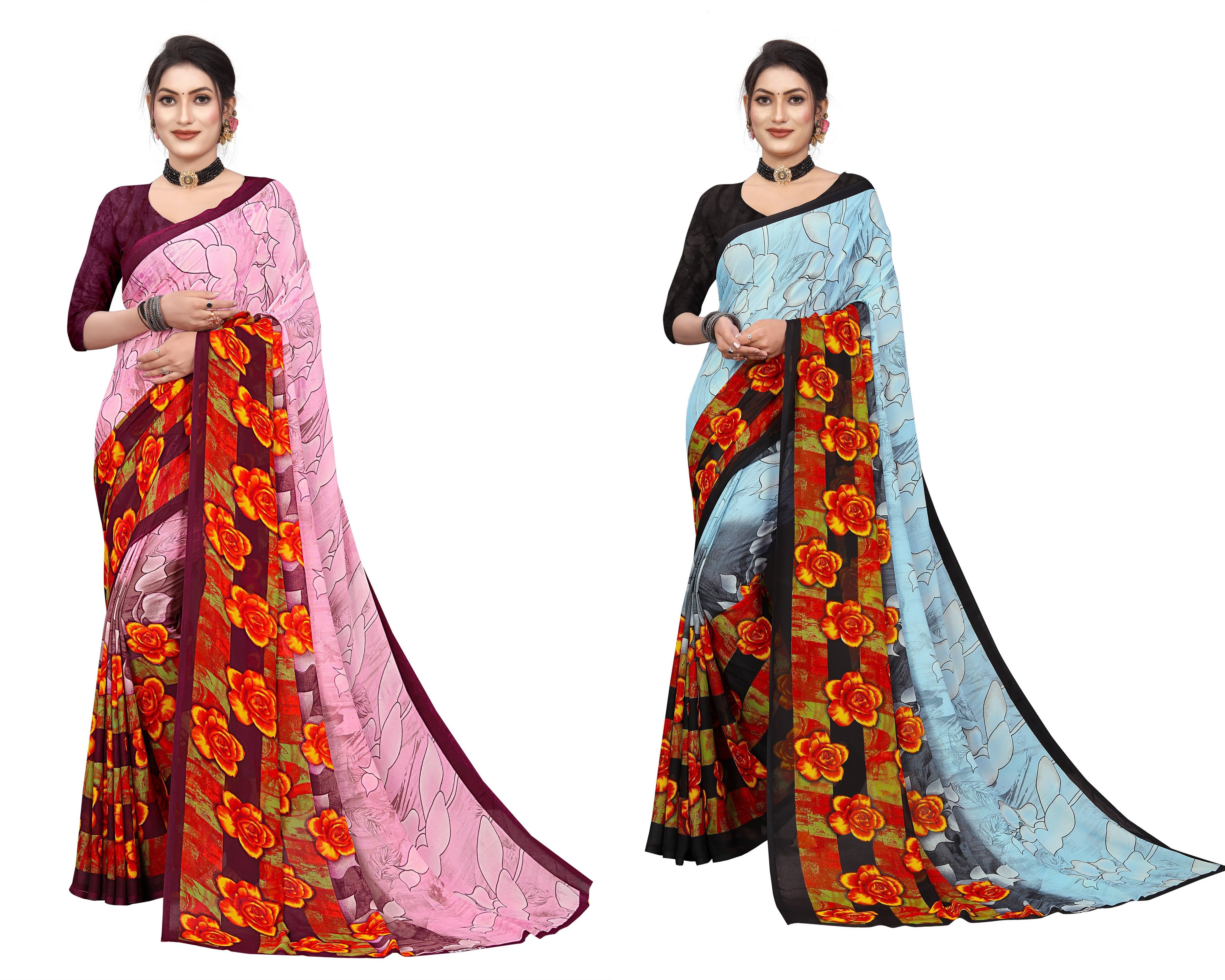     			RUNAYA NX Georgette Printed Saree With Unstitched Blouse Piece ( Multicolor )