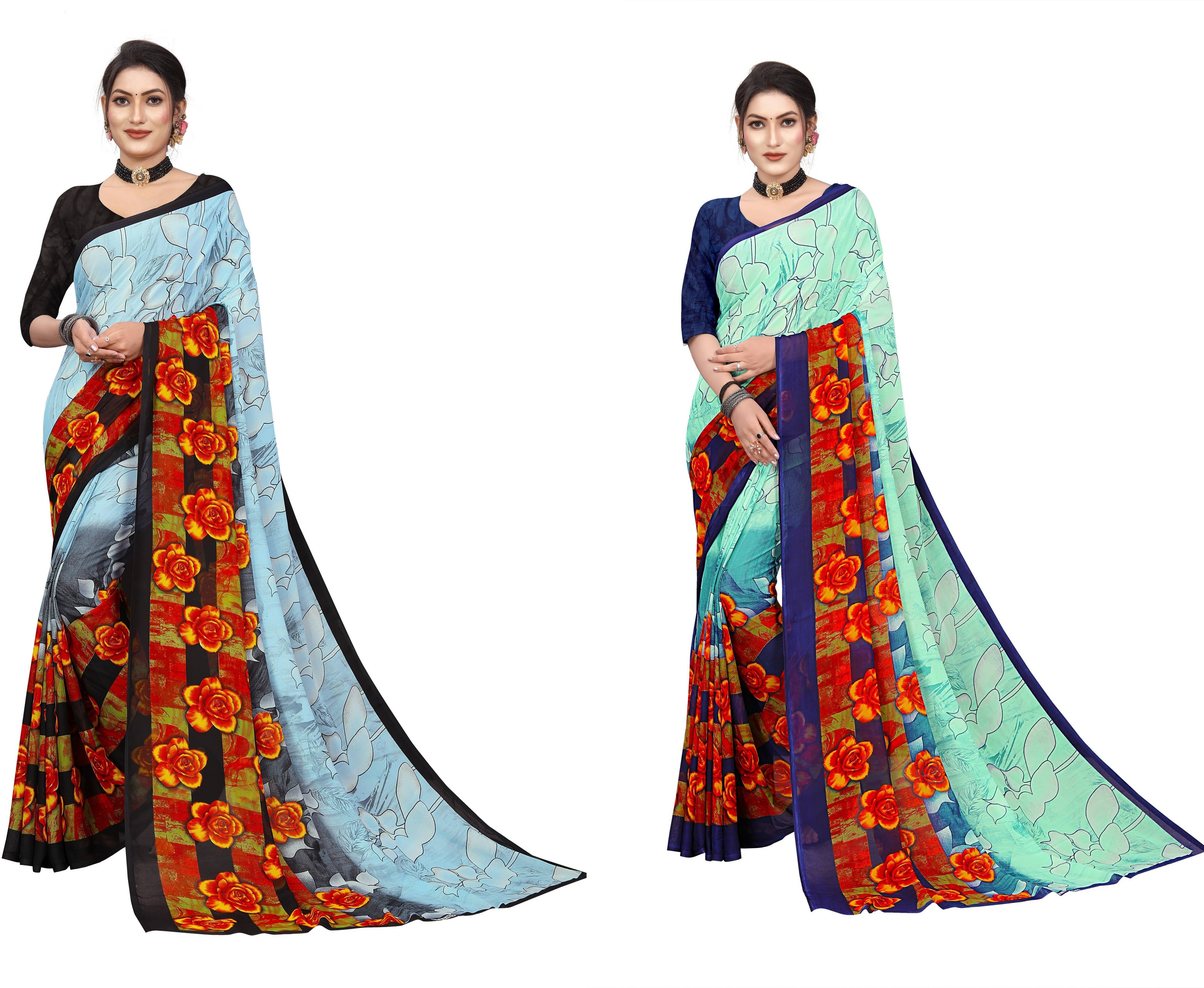     			RUNAYA NX Georgette Printed Saree With Unstitched Blouse Piece ( Multicolor )