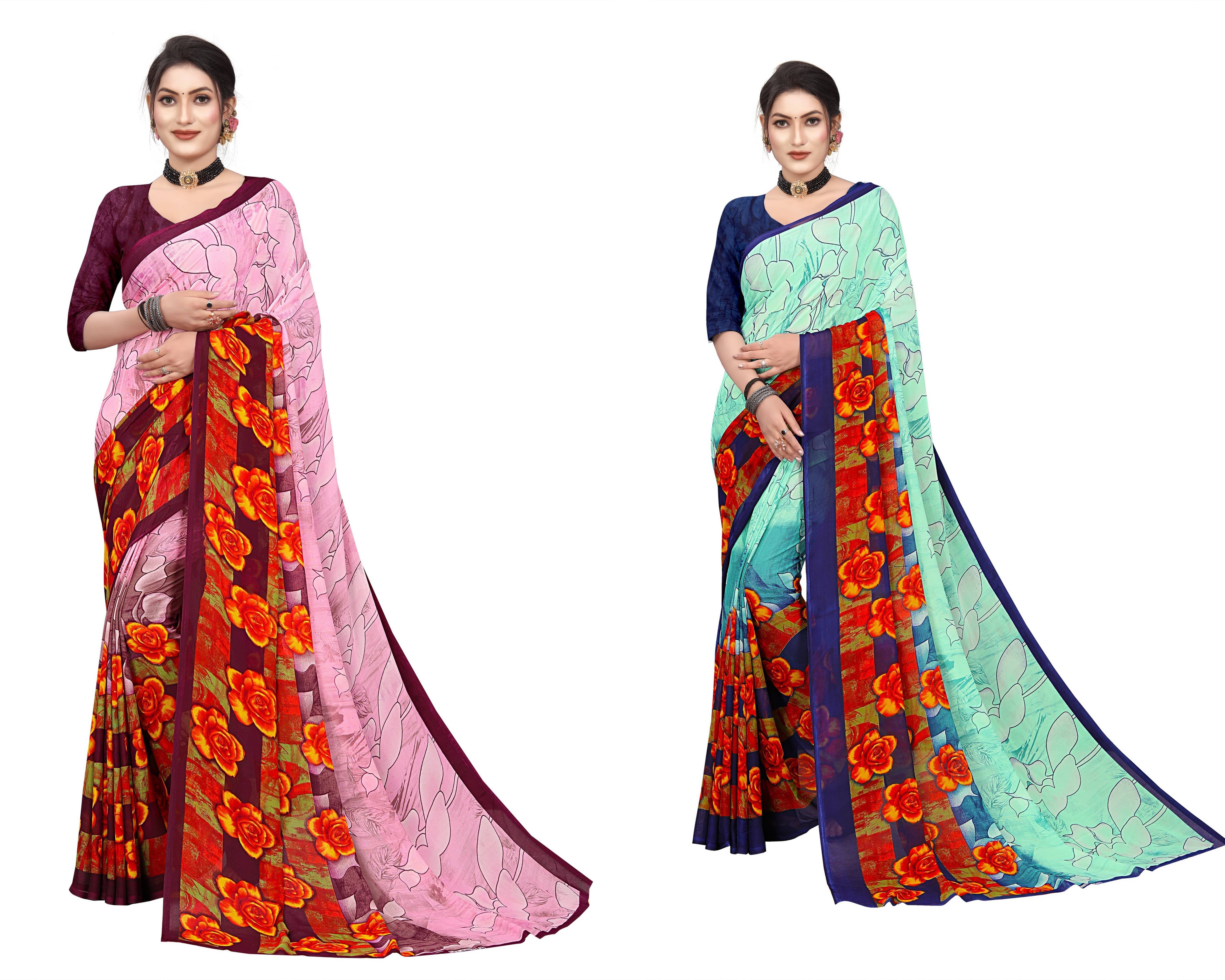 RUNAYA NX Georgette Printed Saree With Unstitched Blouse Piece ( Multicolor ) RUNAYA NX Georgette Printed Saree With Unstitched Blouse Piece ( Multicolor )