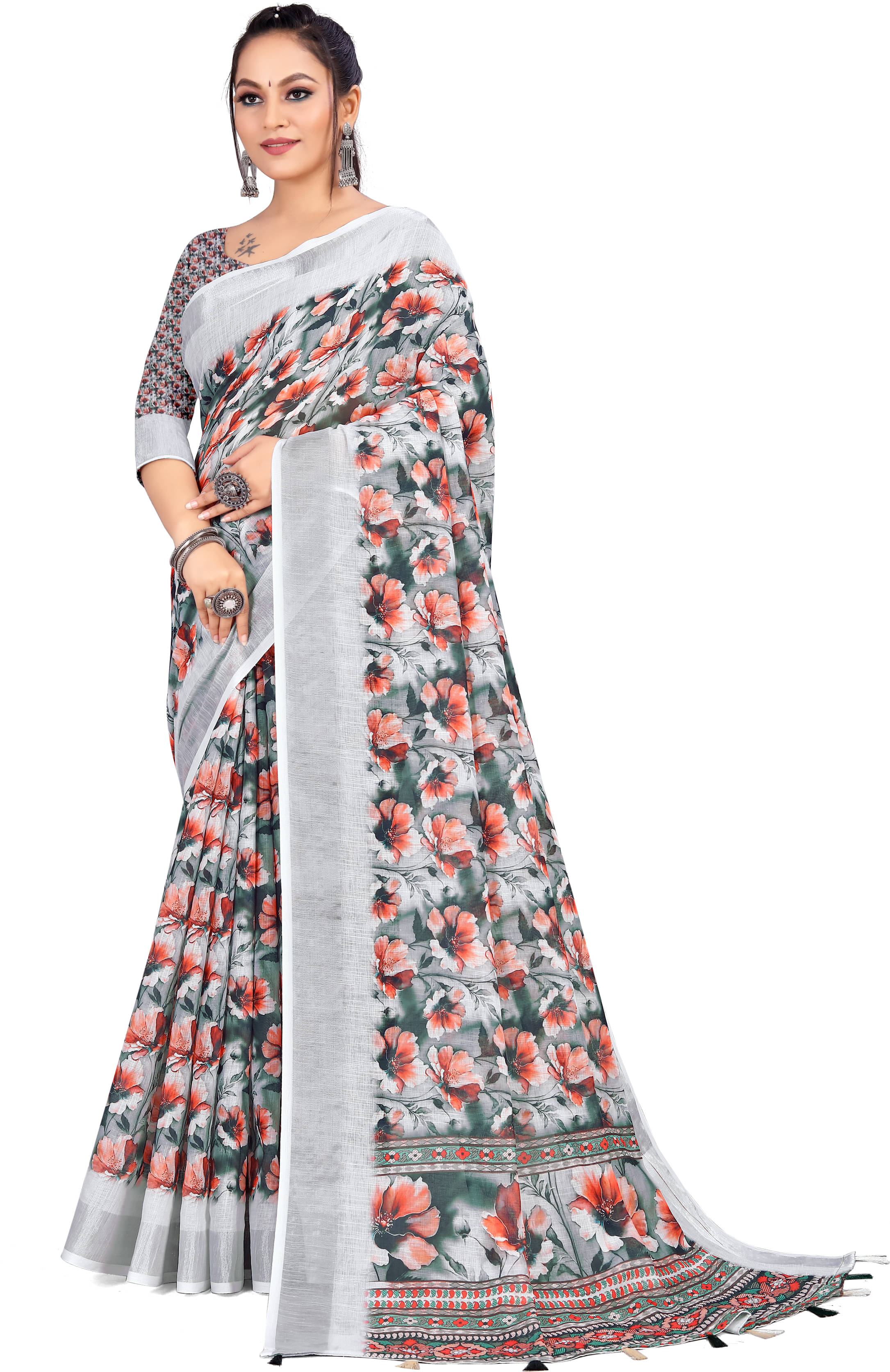     			RUNAYA NX Linen Printed Saree With Unstitched Blouse Piece ( Multicolor )