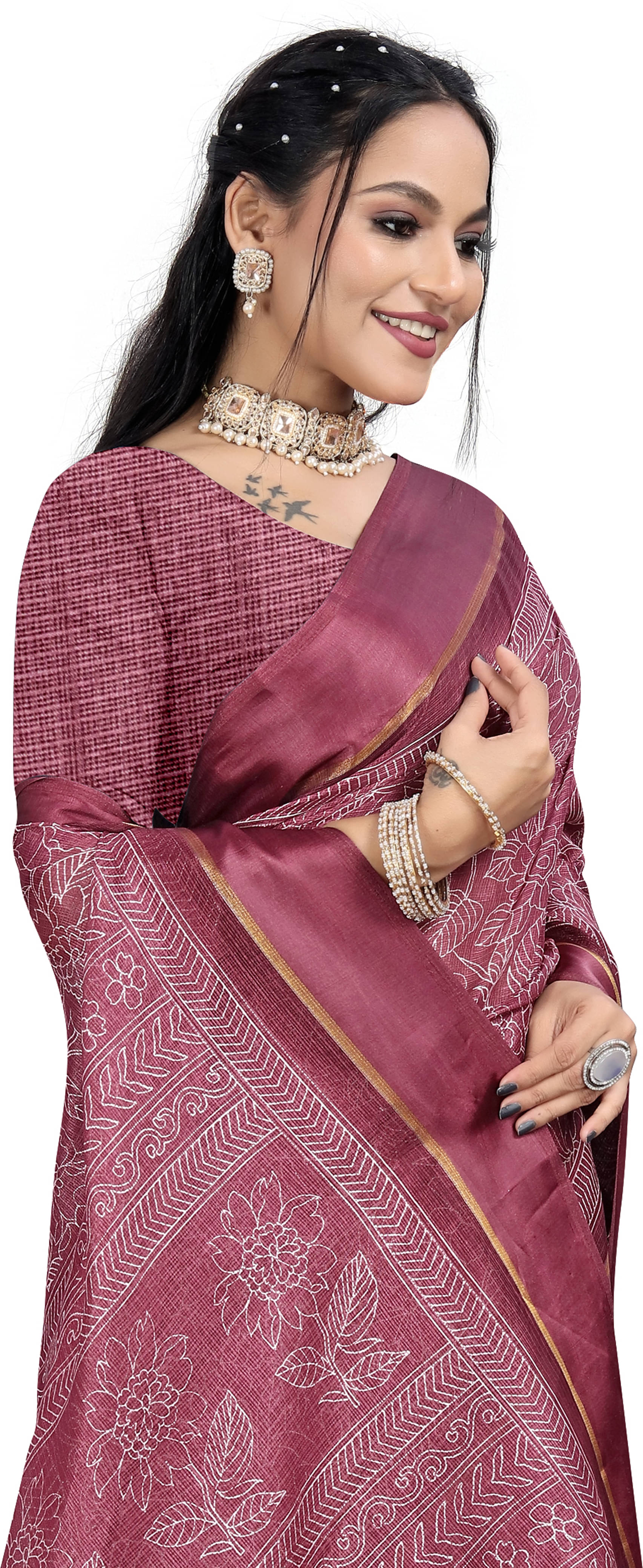     			RUNAYA NX Linen Printed Saree With Unstitched Blouse Piece ( Pink )