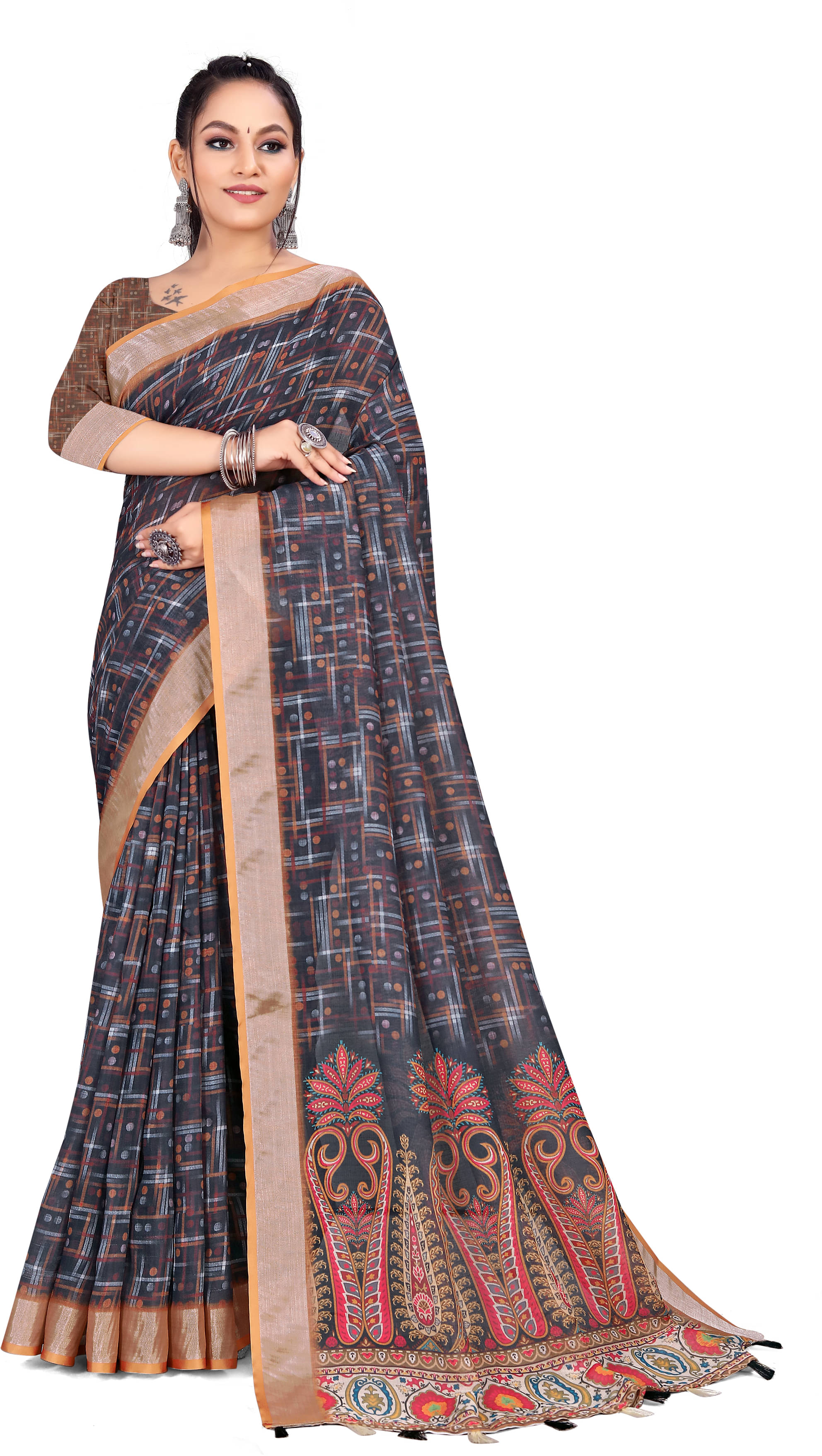 RUNAYA NX Linen Printed Saree With Unstitched Blouse Piece ( Multicolor ) RUNAYA NX Linen Printed Saree With Unstitched Blouse Piece ( Multicolor )