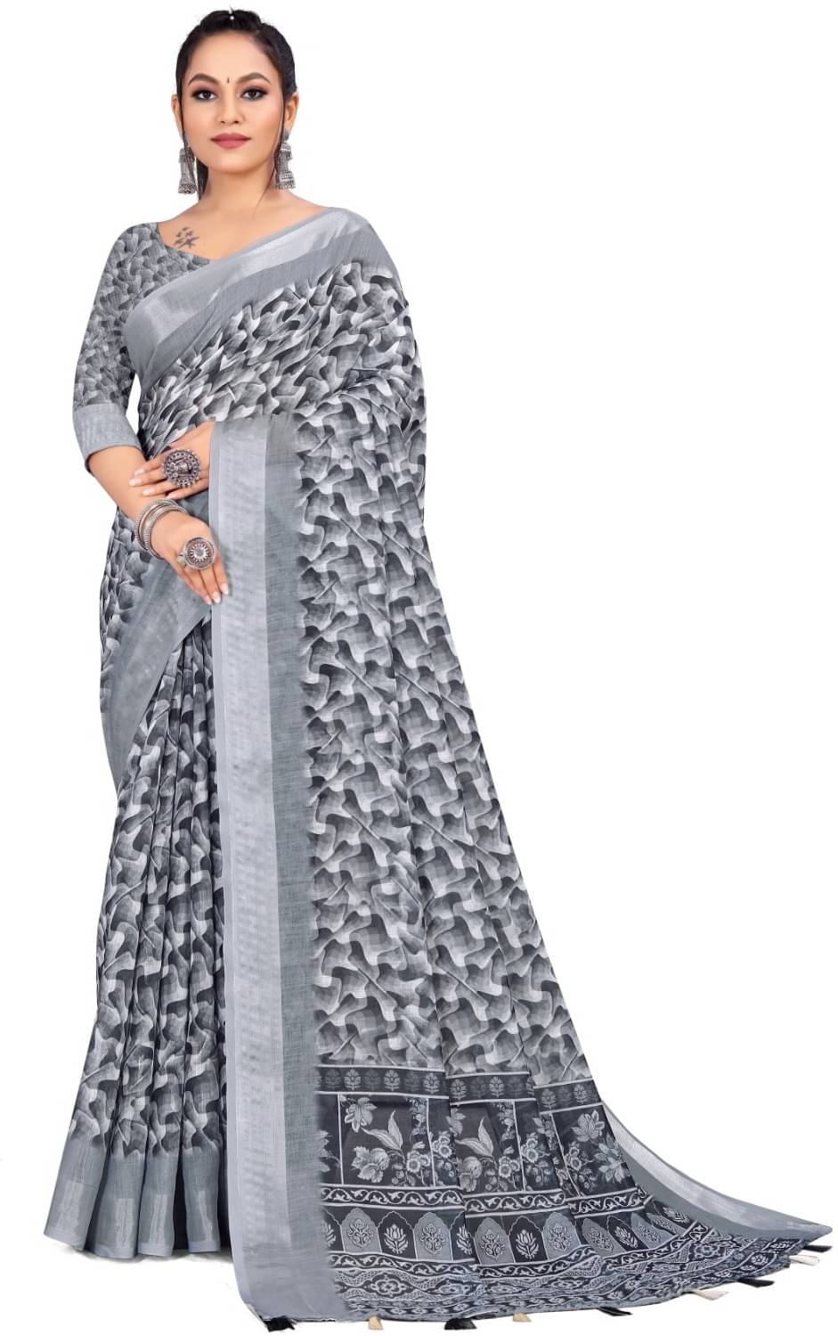     			RUNAYA NX Linen Printed Saree With Unstitched Blouse Piece ( Grey )