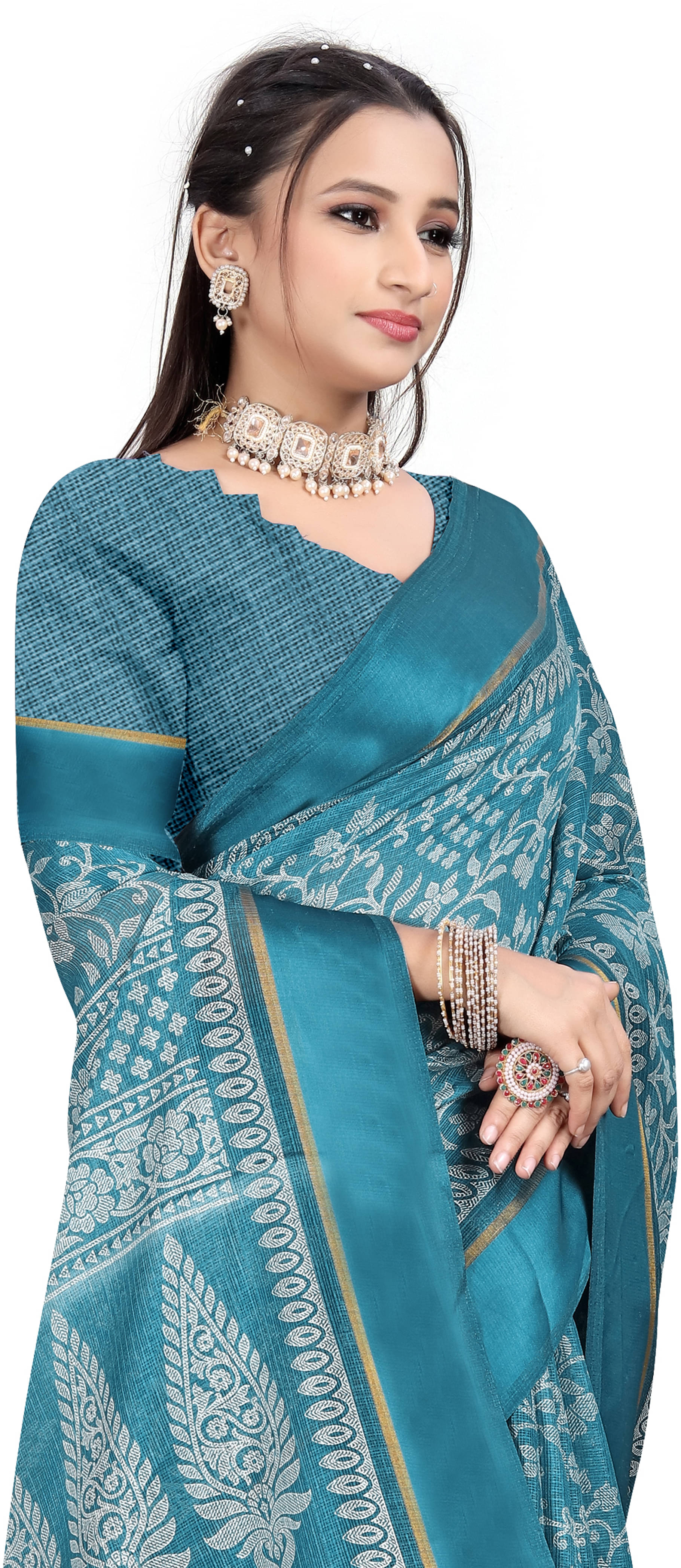     			RUNAYA NX Linen Printed Saree With Unstitched Blouse Piece ( Blue )