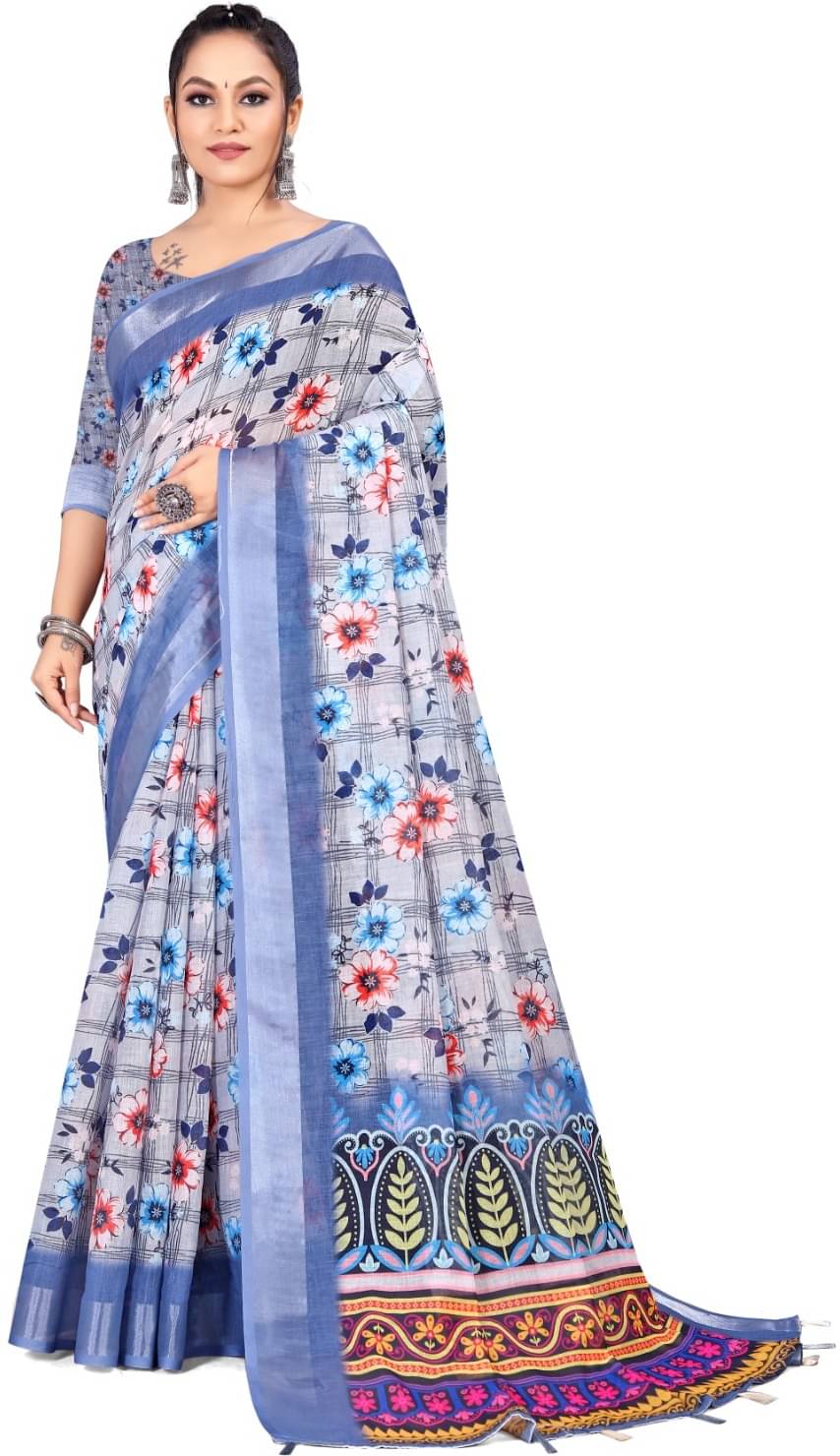 RUNAYA NX Linen Printed Saree With Unstitched Blouse Piece ( Multicolor ) RUNAYA NX Linen Printed Saree With Unstitched Blouse Piece ( Multicolor )