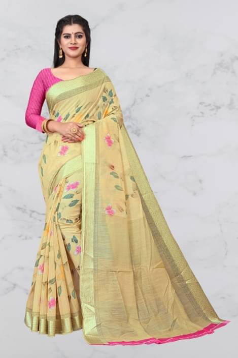    			RUNAYA NX Silk Printed Saree With Unstitched Blouse Piece ( Yellow )