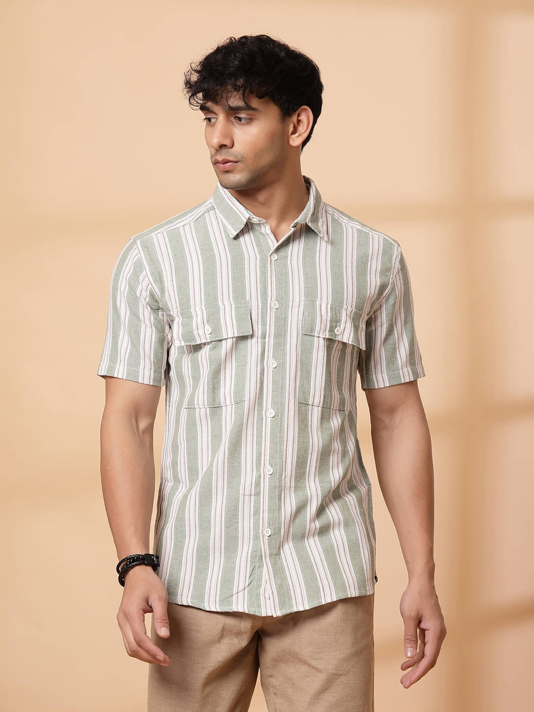 Rigo 100% Cotton Slim Fit Striped Half Sleeves Men's Casual Shirt - Light Green ( Pack of 1 )     			Rigo 100% Cotton Slim Fit Striped Half Sleeves Men's Casual Shirt - Light Green ( Pack of 1 )