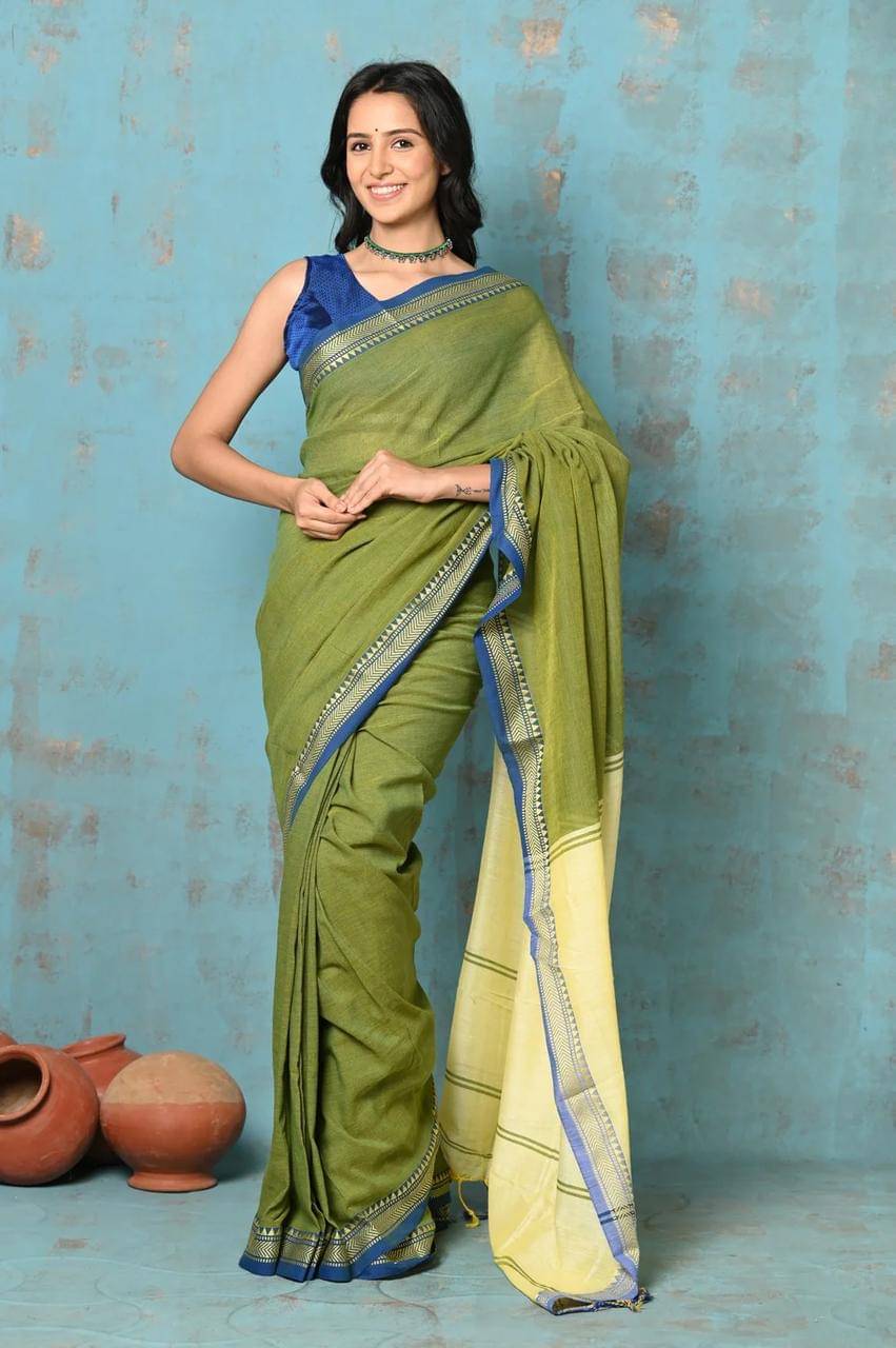    			SARADA HANDLOOM Cotton Colorblock Saree With Unstitched Blouse Piece ( Mint Green )