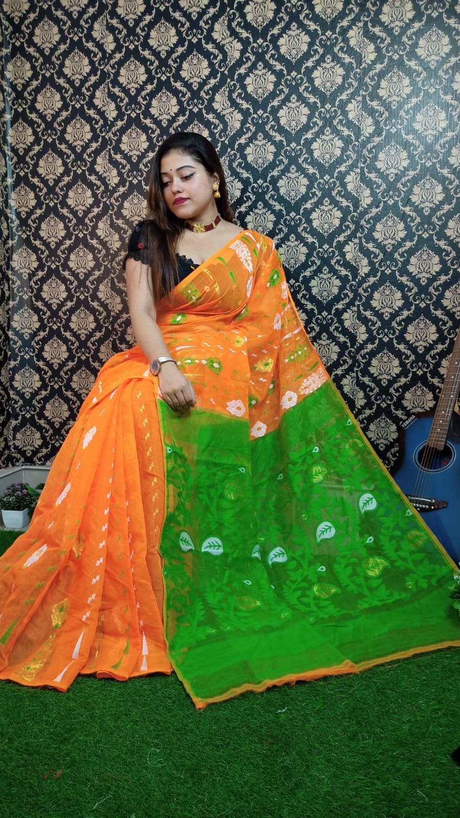     			SARADA HANDLOOM Cotton Printed Saree With Unstitched Blouse Piece ( Orange )