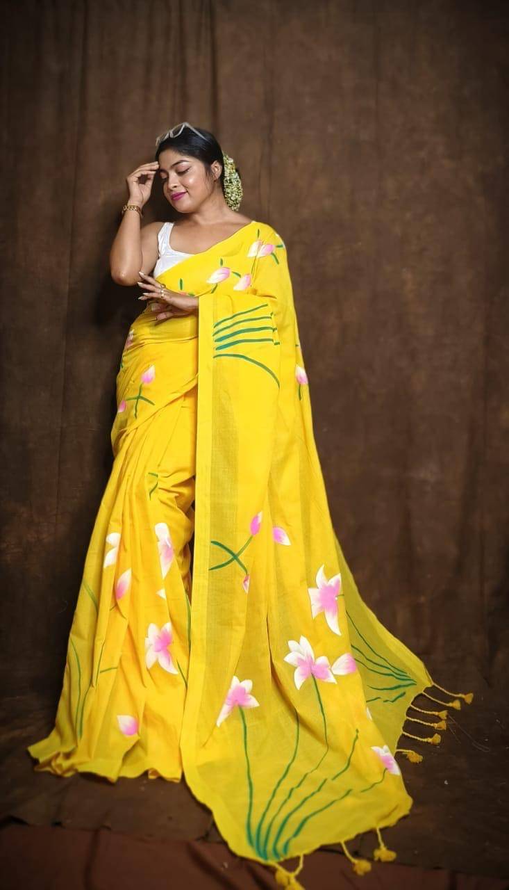     			SARADA HANDLOOM Cotton Printed Saree With Unstitched Blouse Piece ( Yellow )