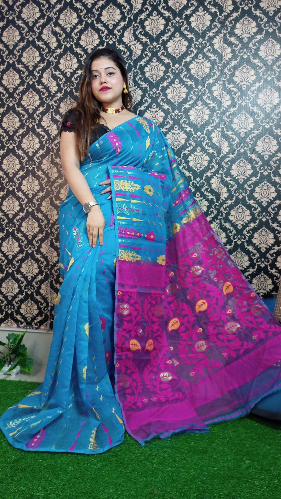     			SARADA HANDLOOM Cotton Printed Saree With Unstitched Blouse Piece ( Blue )
