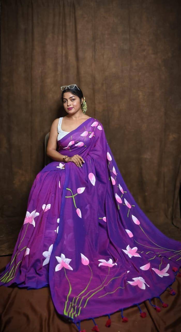     			SARADA HANDLOOM Cotton Printed Saree With Unstitched Blouse Piece ( Purple )