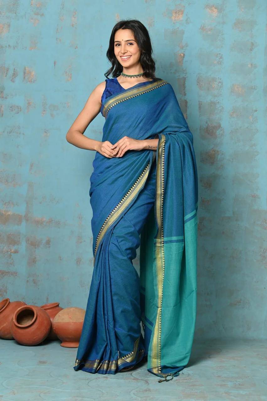     			SARADA HANDLOOM Cotton Solid Saree With Unstitched Blouse Piece ( Blue )